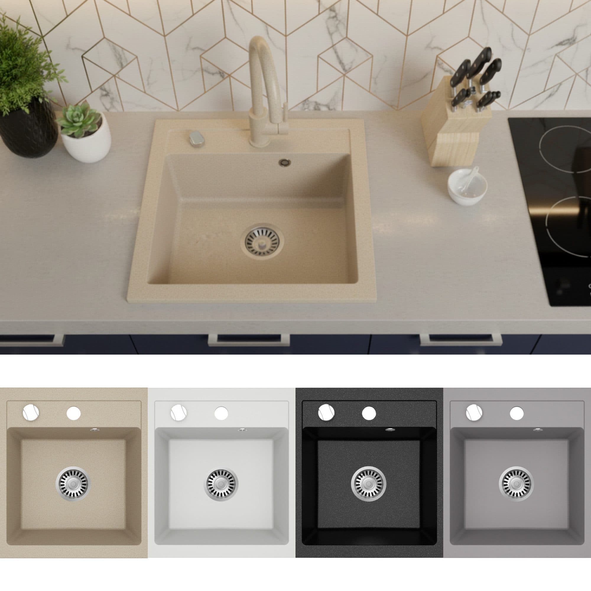 Faizee Möbel Granitspüle Eckig Beige mit Siphon - Bild 2