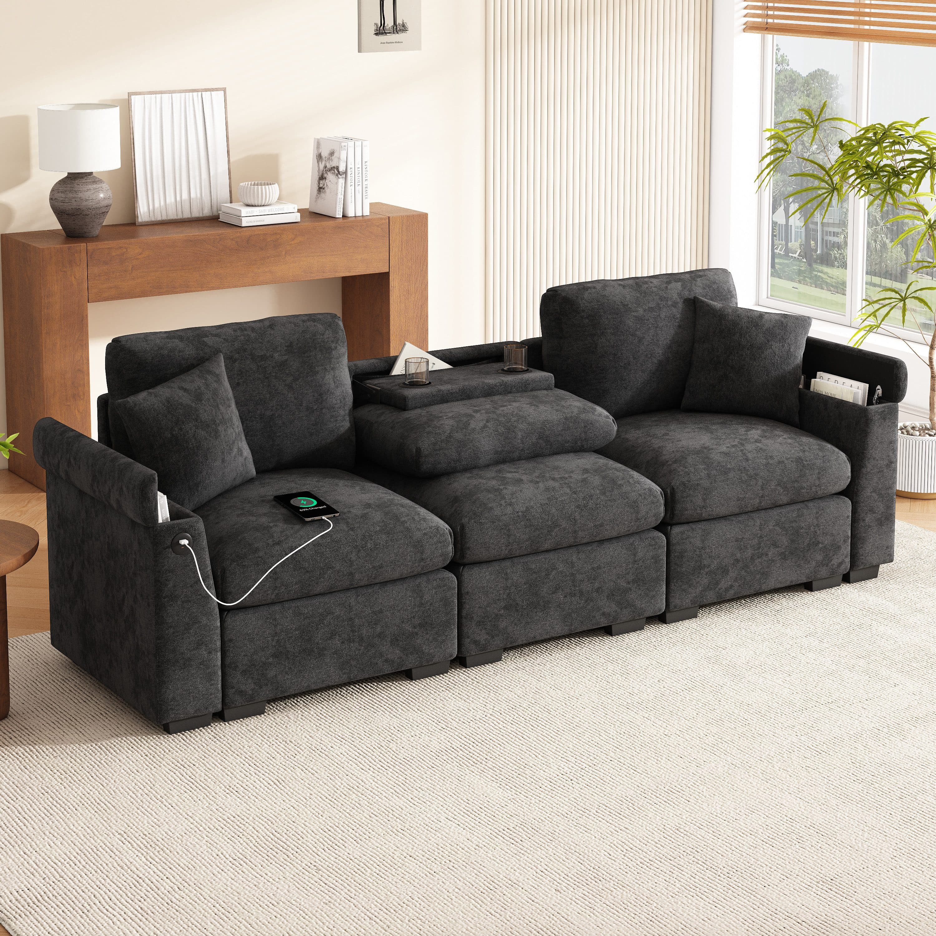 Modernes Sofa in Beige und Grau aus Chenille und Massivholz - Bild 2