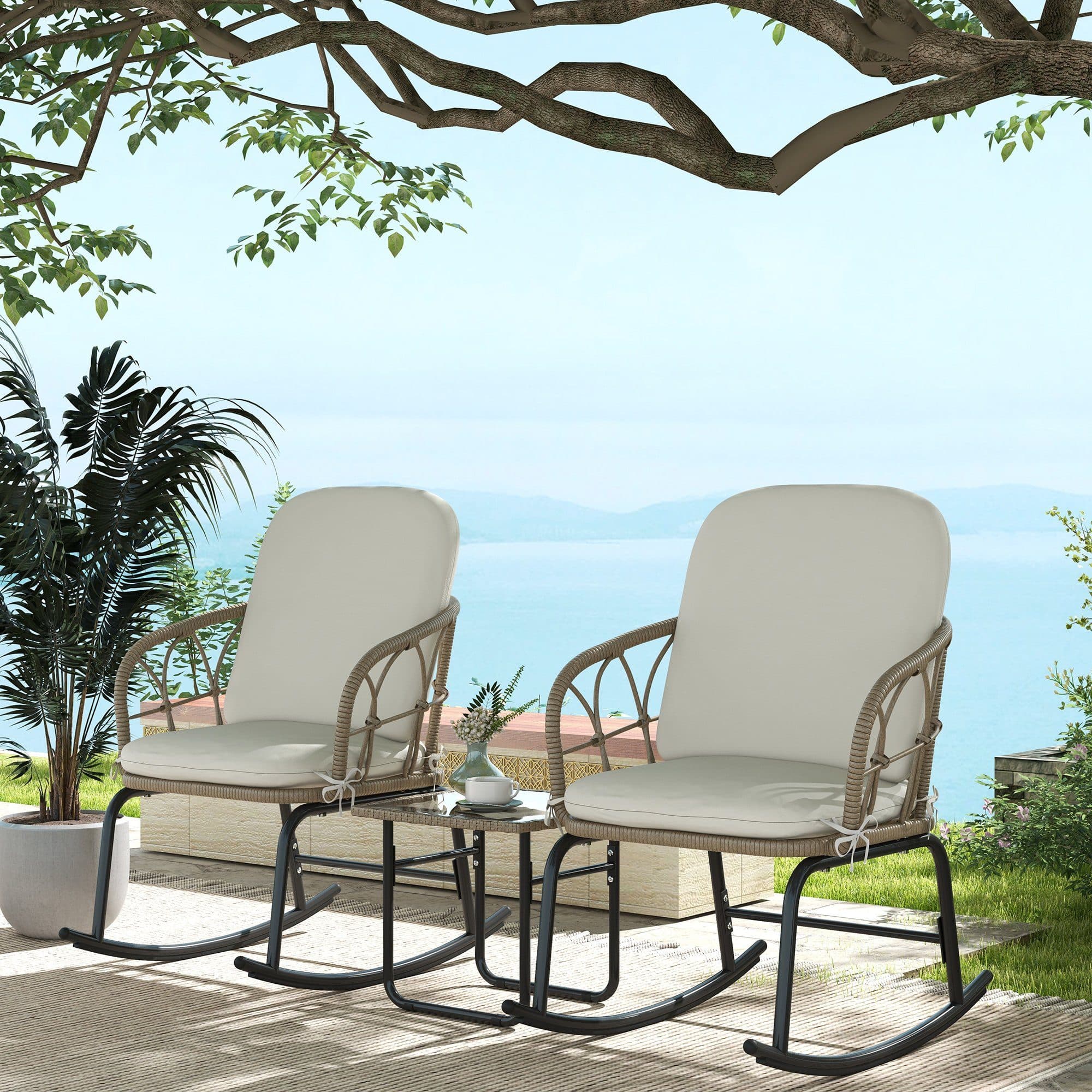 Outsunny Schaukelstuhl-Set 3-tlg. Creme Gelb PE Rattan - Bild 2
