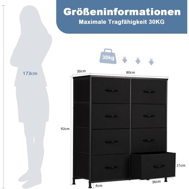 DUMOS Stoffschrank Kommode mit 8 Schubladen - Schwarz für Schlafzimmer und Wohnzimmer