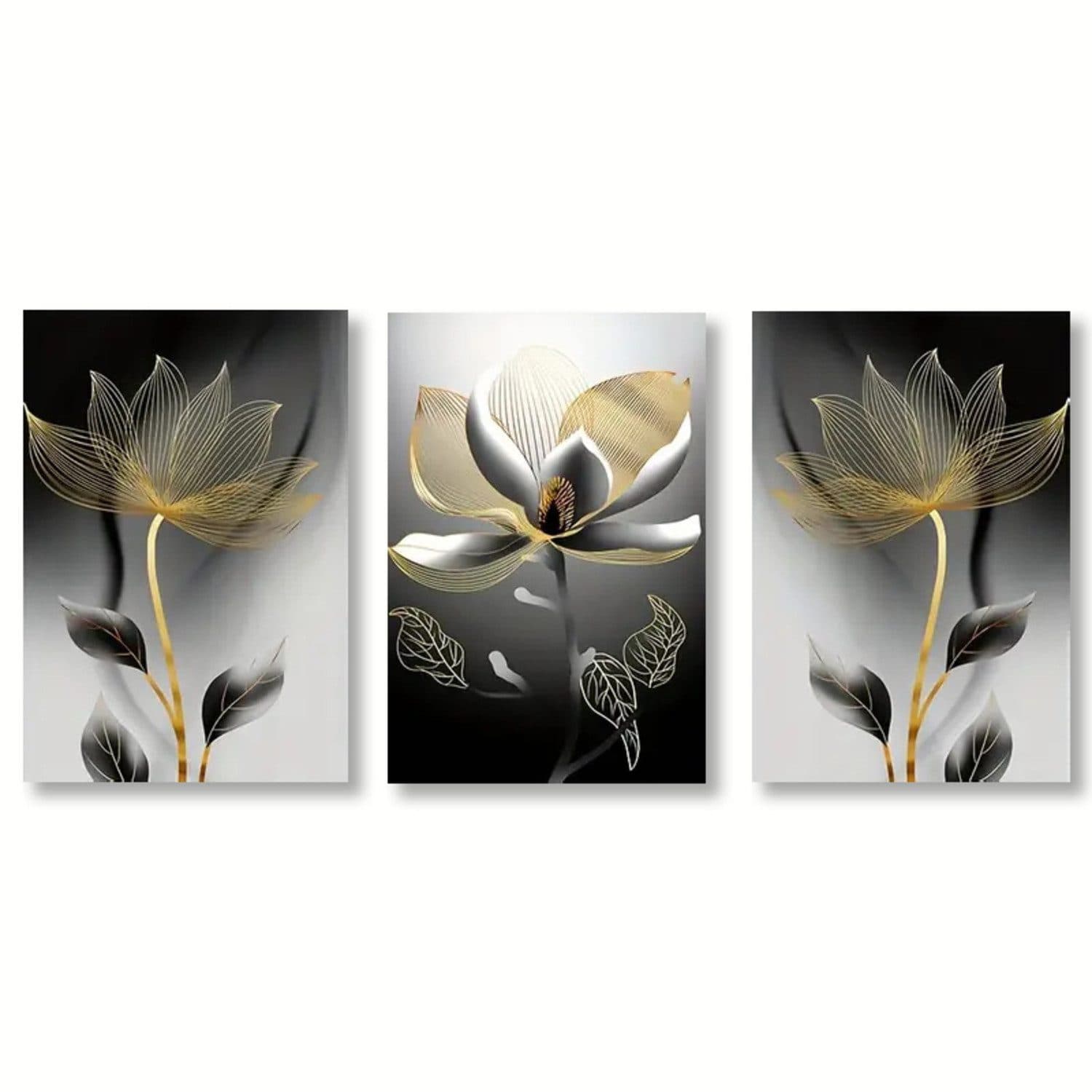 TPFLiving Leinwandbild 3er Set Abstrakte Blumen Schwarz Weiß Gold - Bild 2