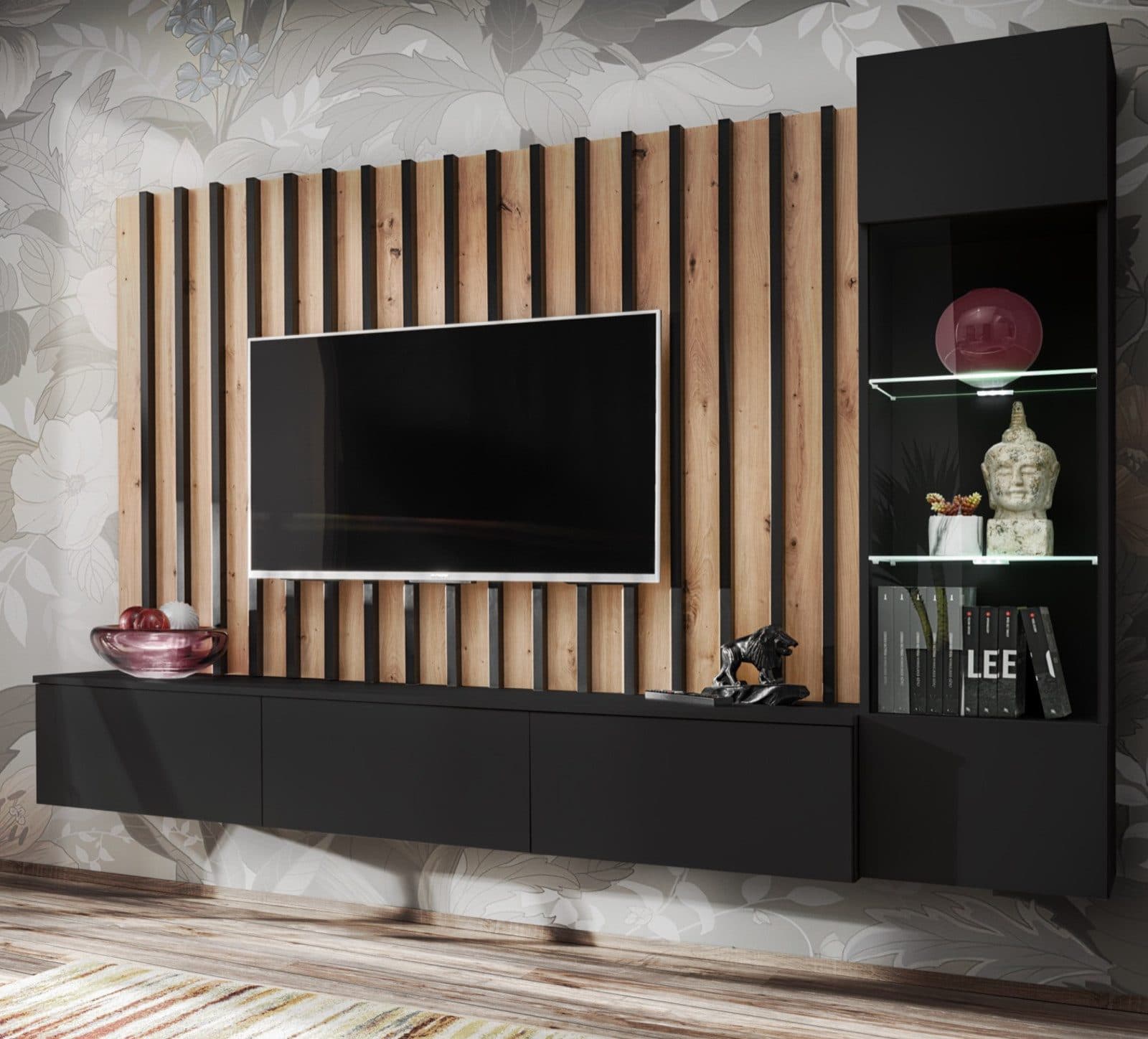 Furn.Design Wohnwand Pearl, Mediawand in Schwarz mit Artisan Eiche, 3-teilig, 220 x 190 cm, Push-To-Open, inkl. LED Beleuchtung - Bild 2