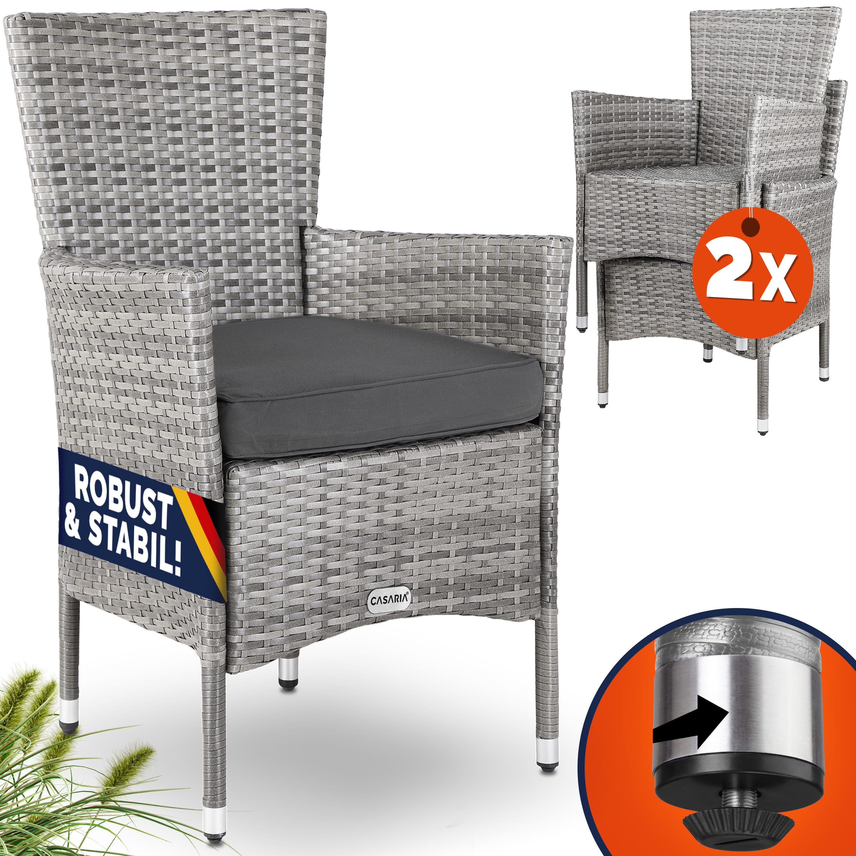 Casaria Gartenstuhl 2er Set Polyrattan Grau Stapelbar - Bild 2