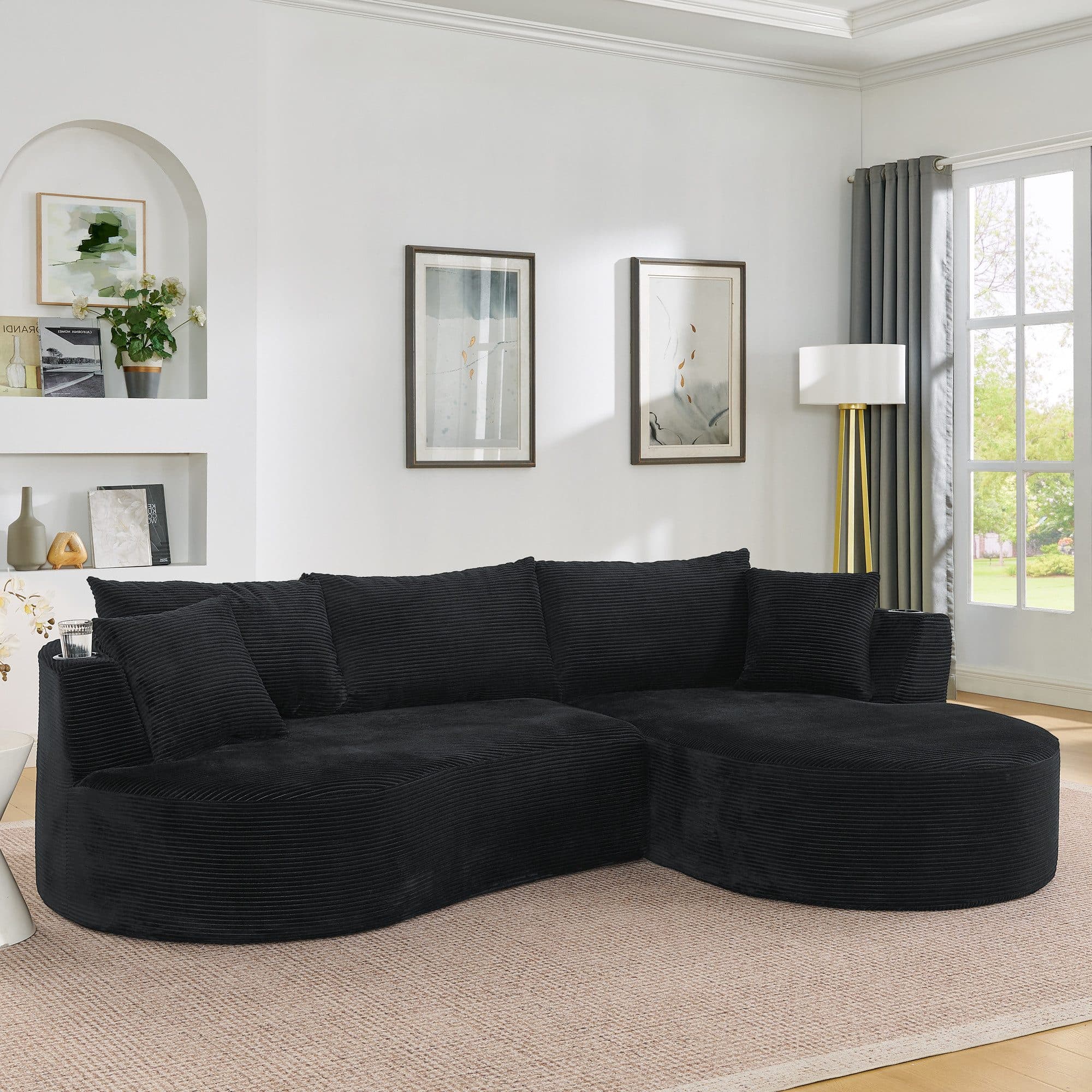 OKWISH Sofa 3-Sitzer Schwarz mit Getränkehalter & Kissen - Bild 2