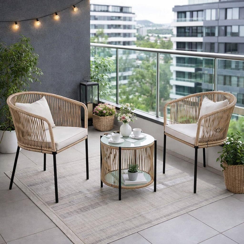ESTEXO Bistro Set 2-tlg. Beige Rope-Geflecht Sicherheitsglas - Bild 2