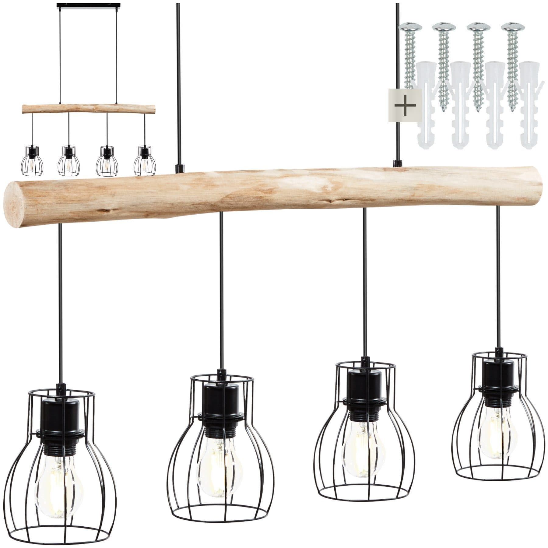 tectake Pendelleuchte Woody Industrial-Style 4x E27 Holz Stahl - Bild 2