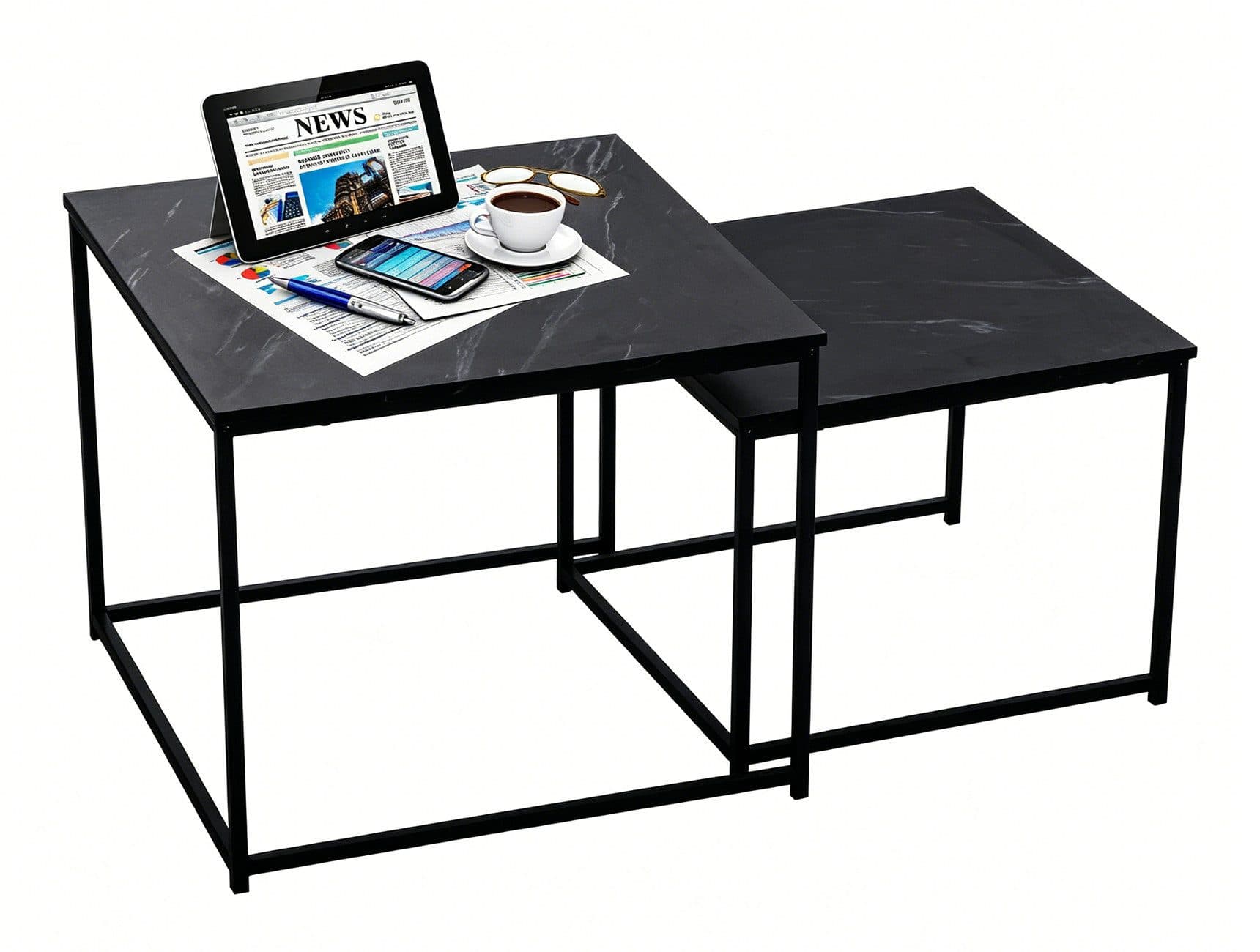 BIGTREE Couchtisch 2er Set Modern Industrial Metall Holz Schwarz - Bild 2