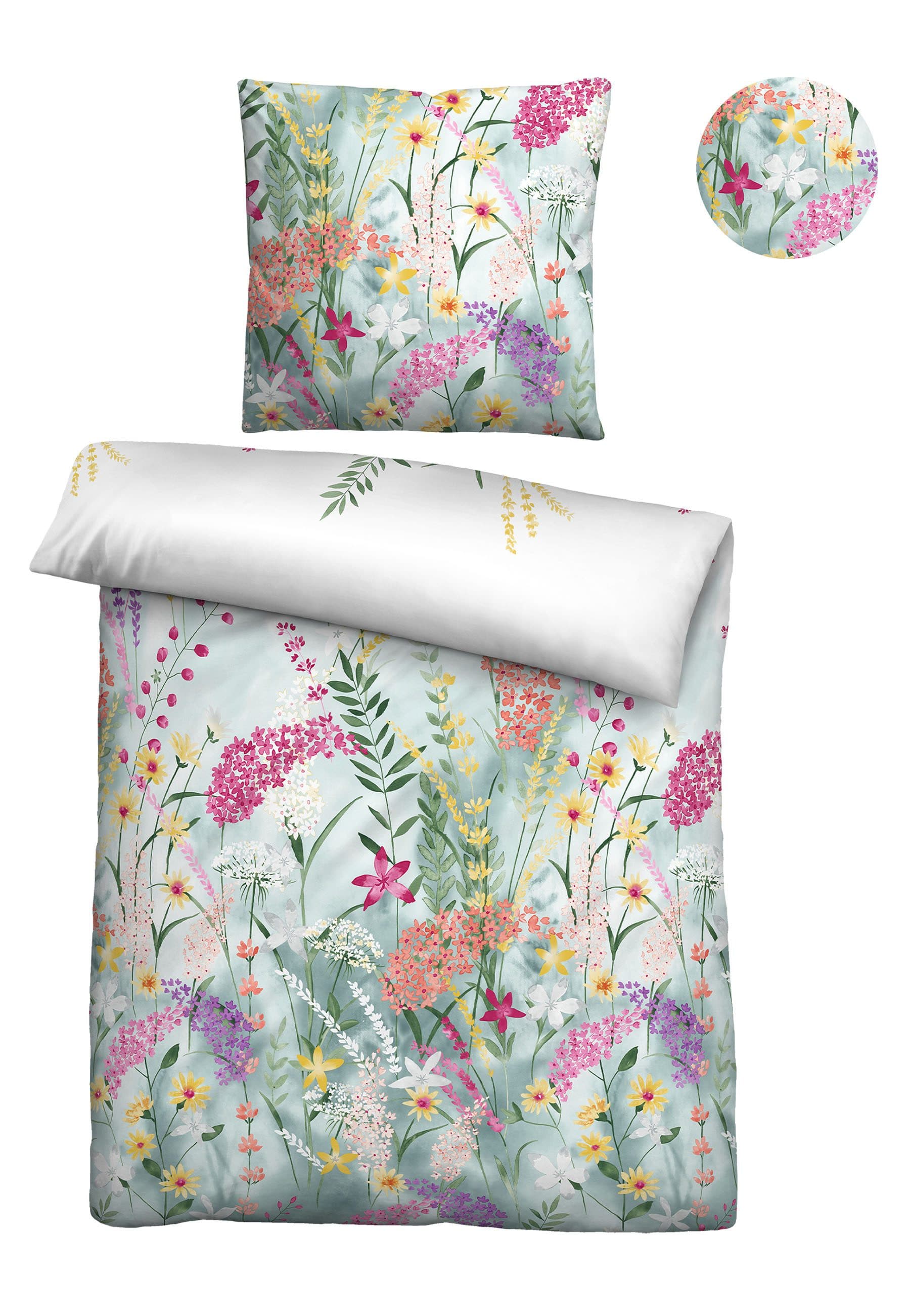 Biberna Soft-Seersucker Bettwäsche Set Blau Geblümt - Bild 2