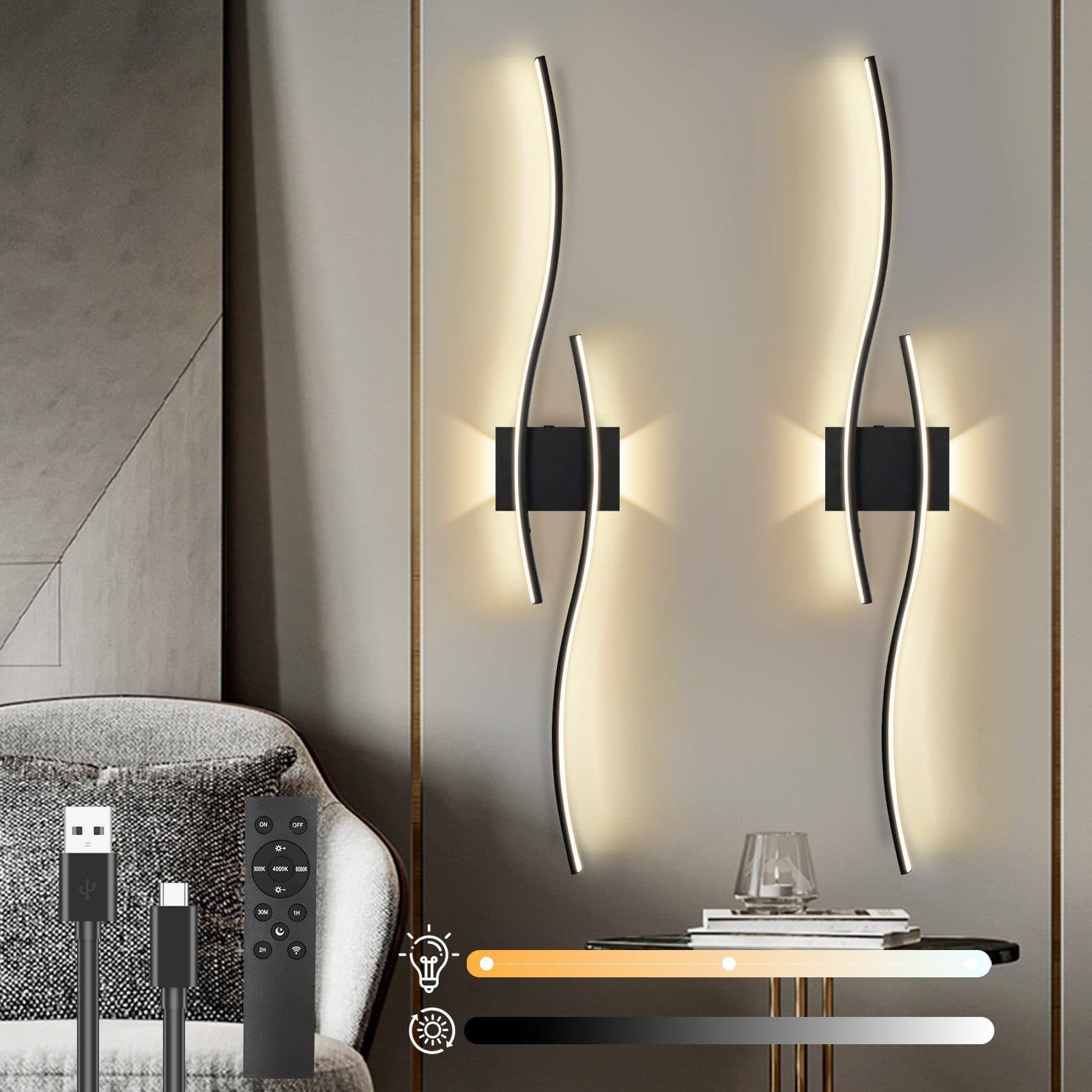 Jibenhome LED Wandleuchte Schwarz/Gold Dimmbar Touch & Fernbedienung - Bild 2