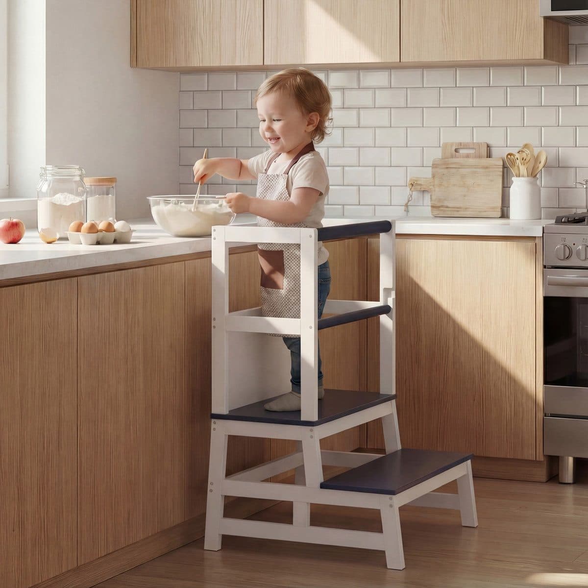 Spielwerk Lernturm mit Tafel - 2-in-1 Stehhilfe aus Kiefernholz Grau/Weiß - Bild 2
