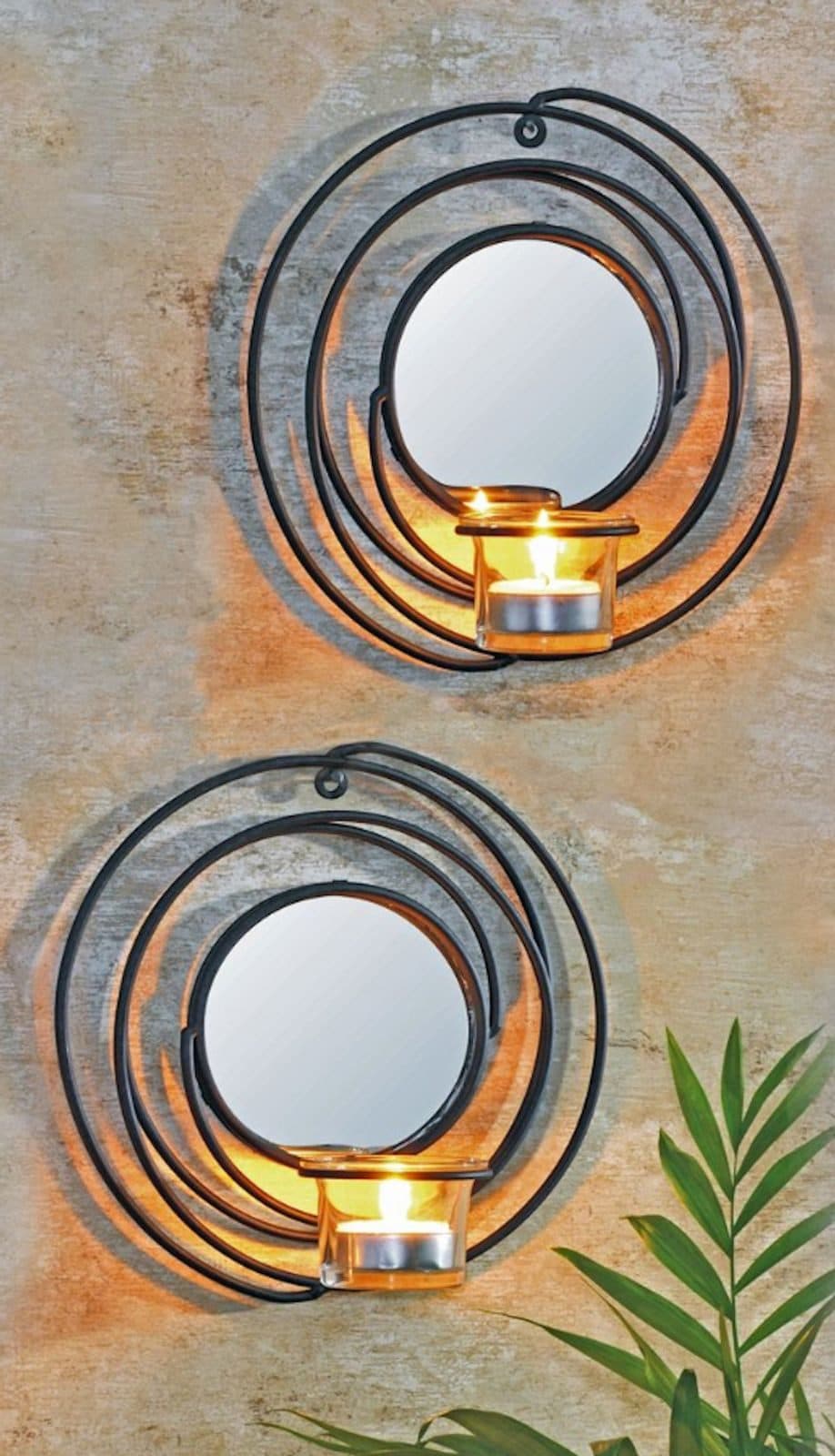 Gravidus Wandkerzenhalter Set Schwarz Metall & Glas mit Spiegel für Teelicht