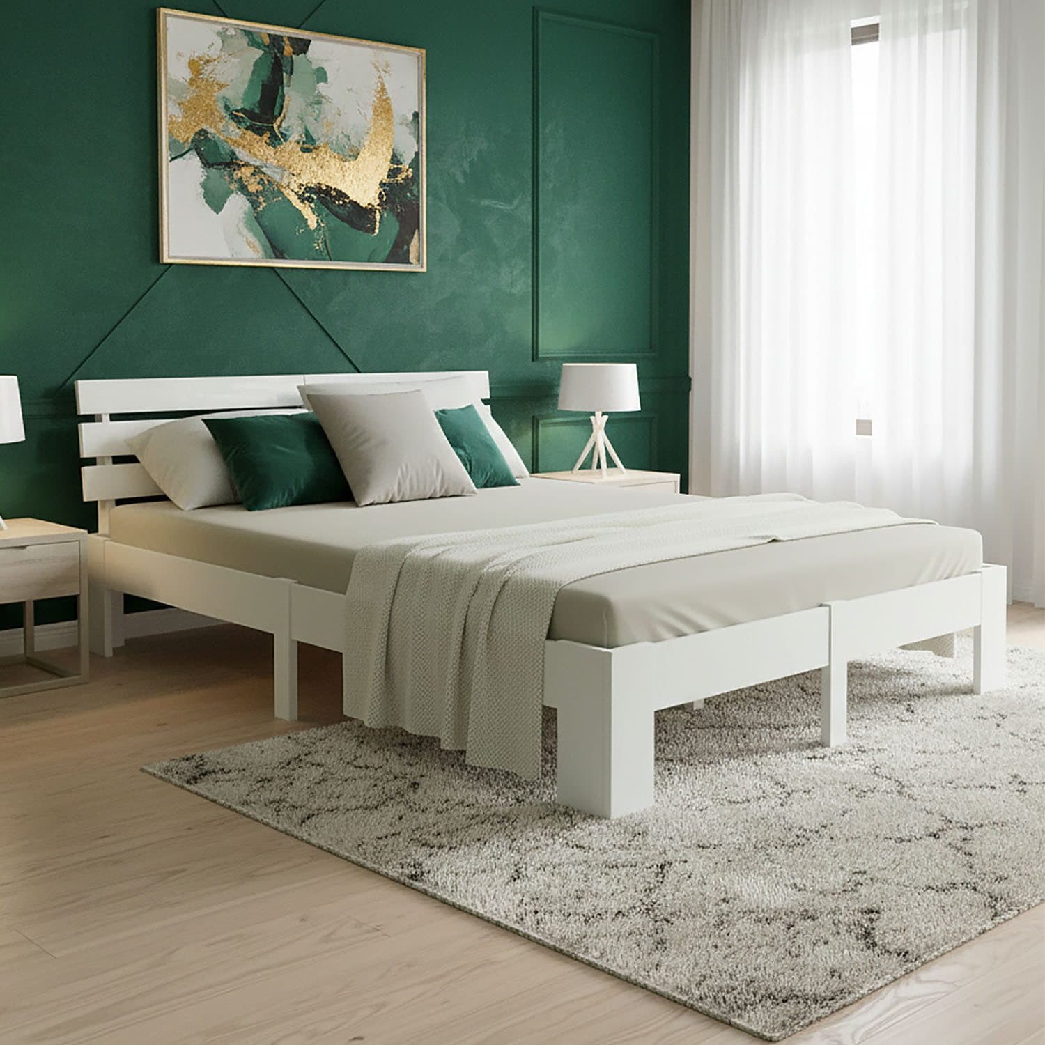 Homestyle4u Holzbett mit Kopfteil und Lattenrost Weiß Modern - Bild 2