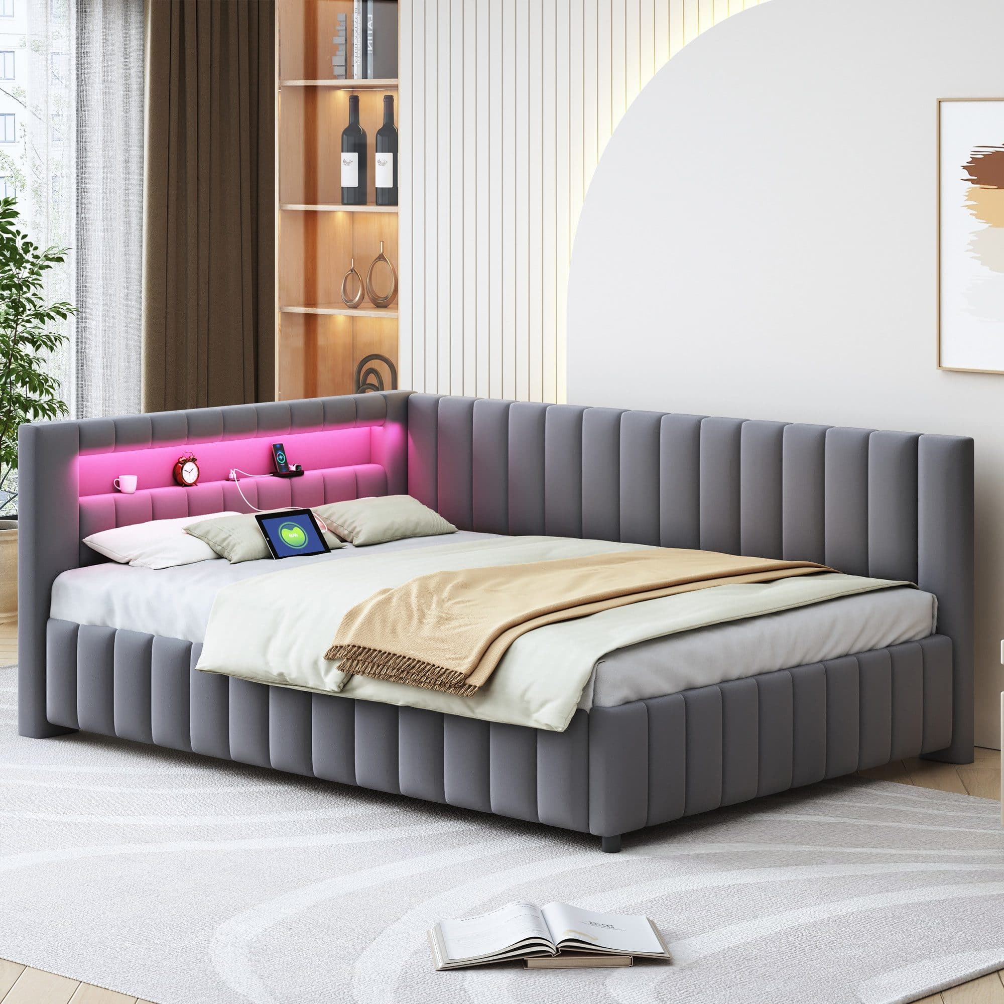 REDOM Schlafsofa Polsterbett mit LED & USB L-förmig Grau Samt - Bild 2
