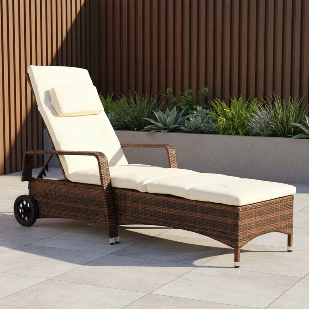 Melko Gartenliege Polyrattan mit Kissen & Kopfstütze Braun - Bild 2