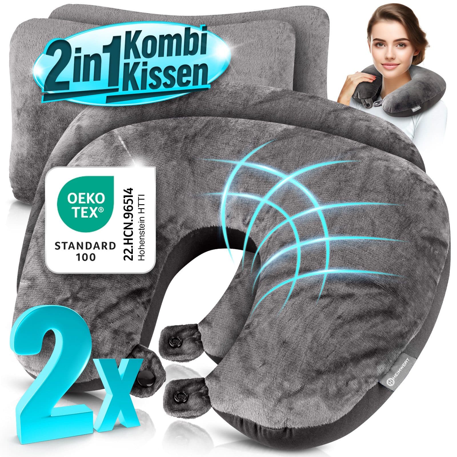 HEIMWERT 2in1 Reisekissen Grau Nackenhörnchen und Kopfkissen