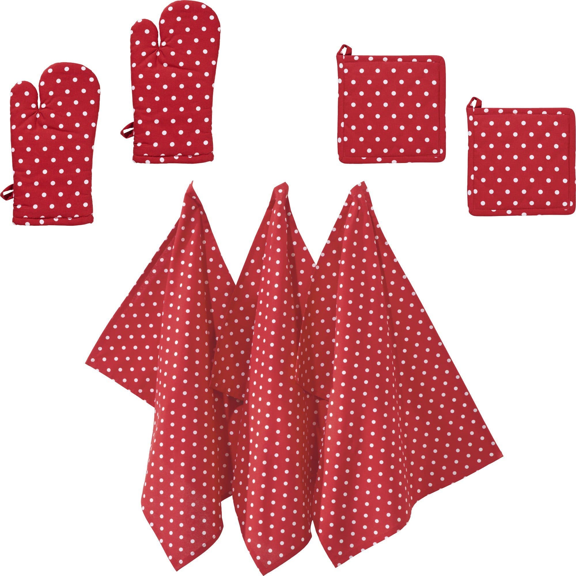 REDBEST Küchenset 7-teilig Topflappen Ofenhandschuh Baumwolle Rot Punkte