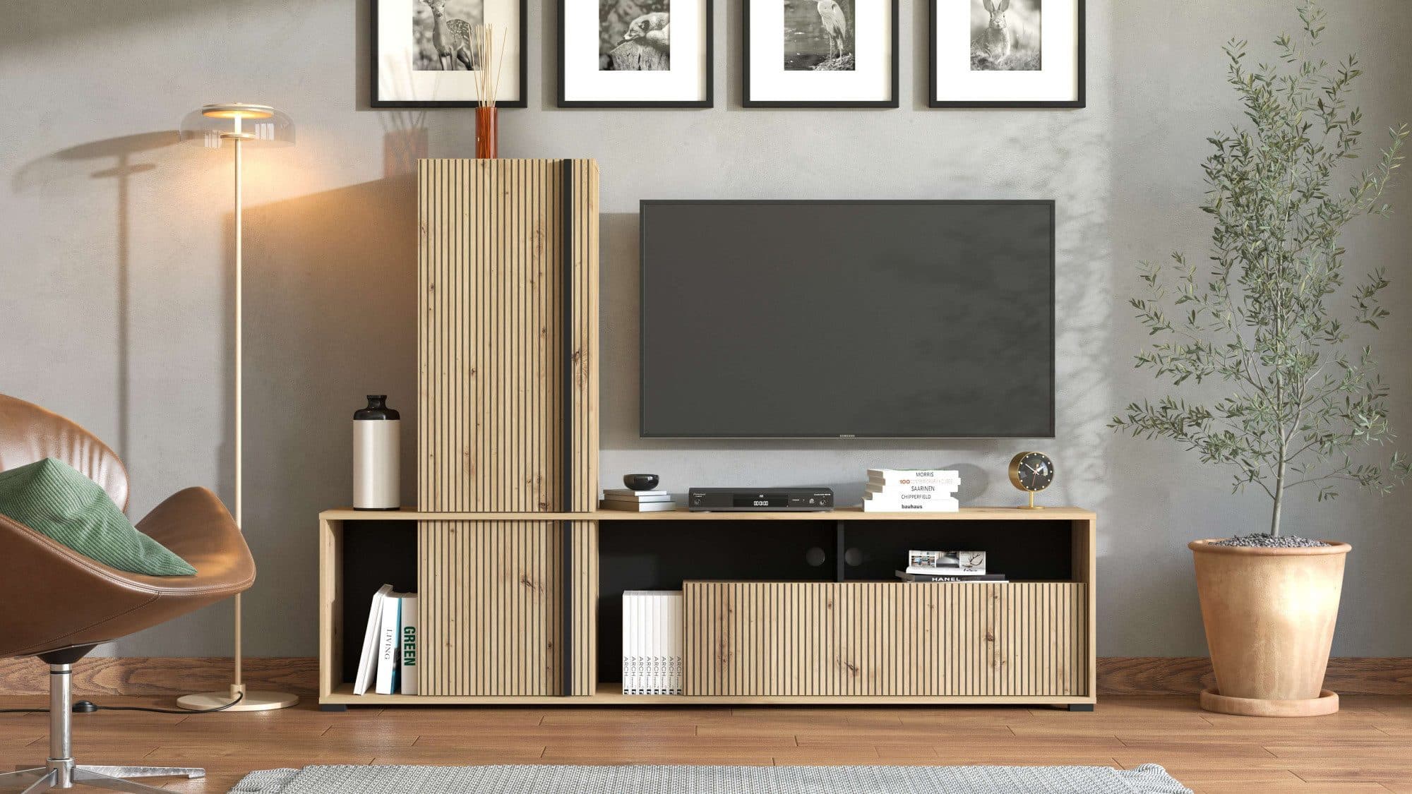 INOSIGN Wohnwand Chania TV Board Highboard Braun Eiche