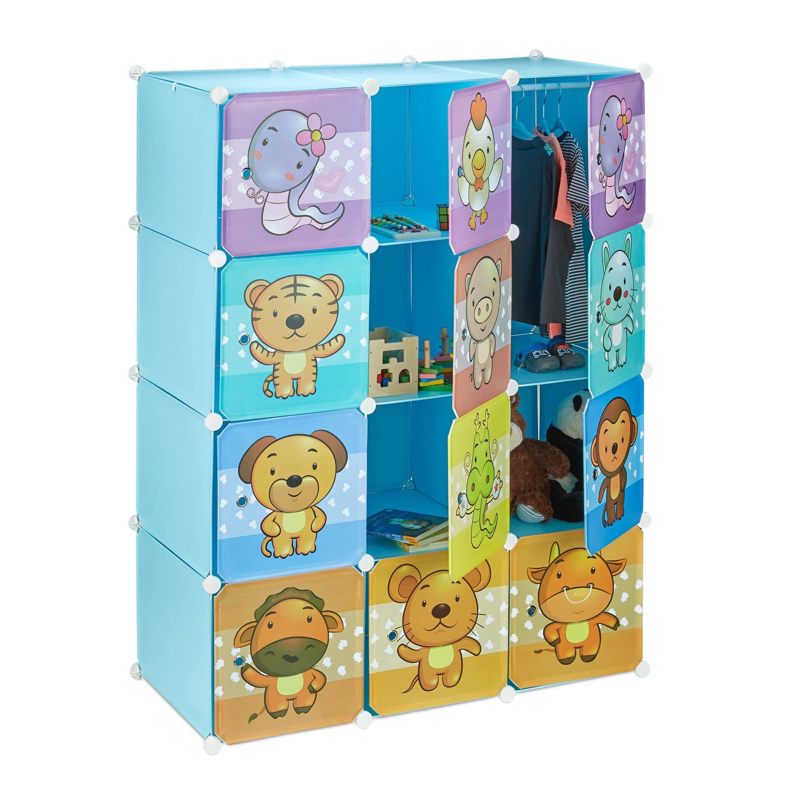 relaxdays Kinderkleiderschrank Steckregal mit Tiermotiven Blau - Bild 2