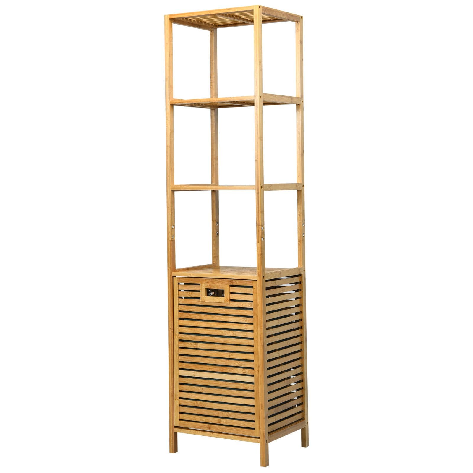 COSTWAY Hochschrank Bad mit Wäschekorb Bambus 3 Regale 40x33x160cm - Bild 2