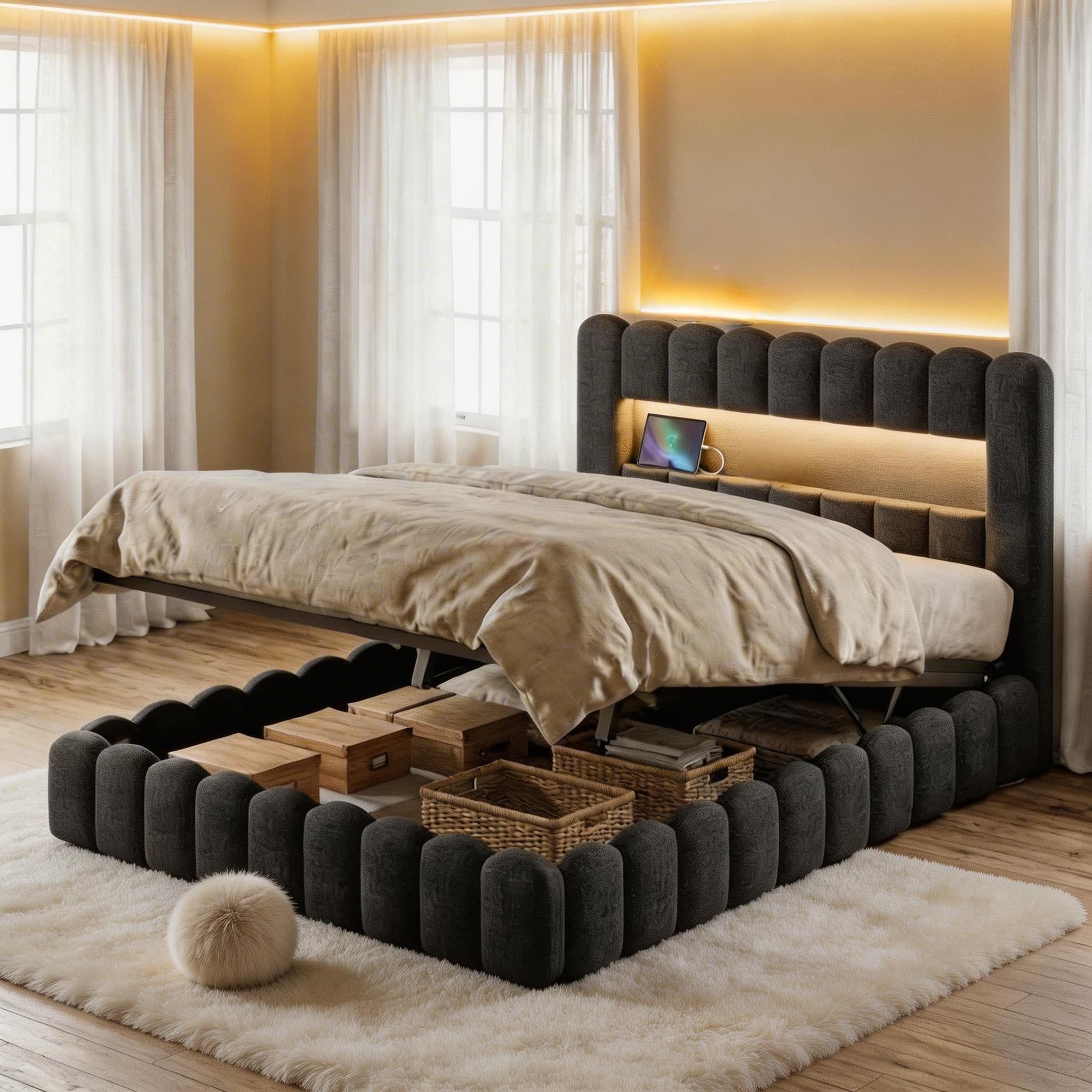 PXloue Polsterbett Doppelbett LED-Beleuchtung USB-Anschluss 140x200 cm - Bild 2