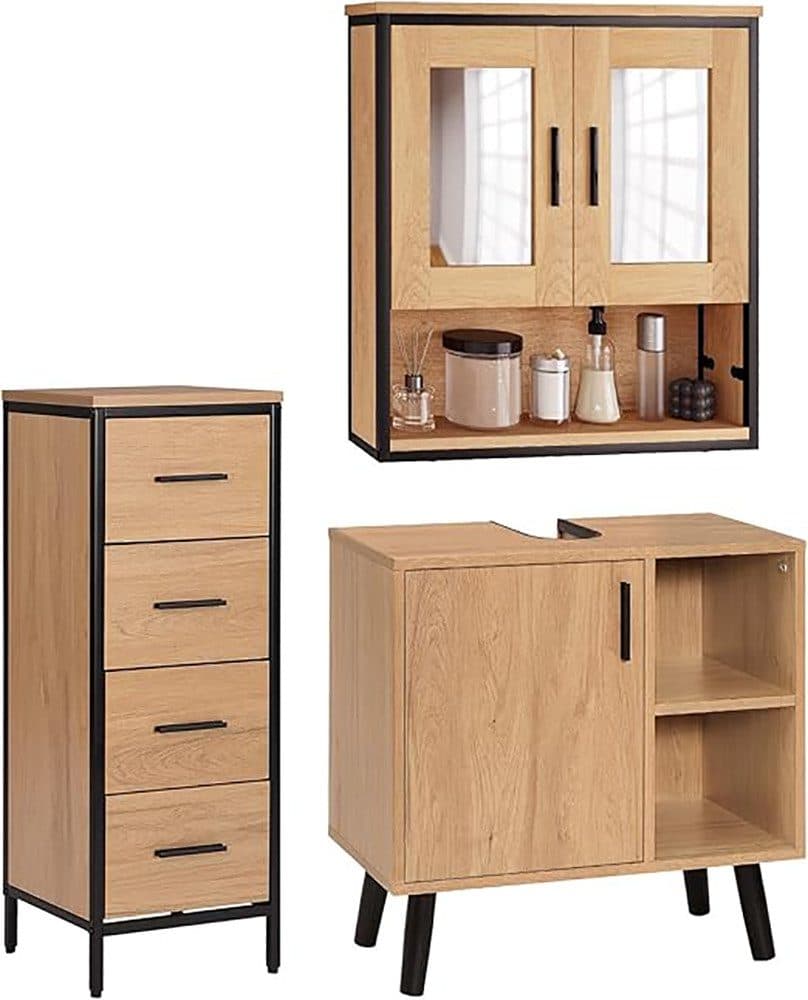 EUGAD Badmöbel-Set 3-teilig Schwarz/Hell Eiche mit Spiegelschrank - Bild 2