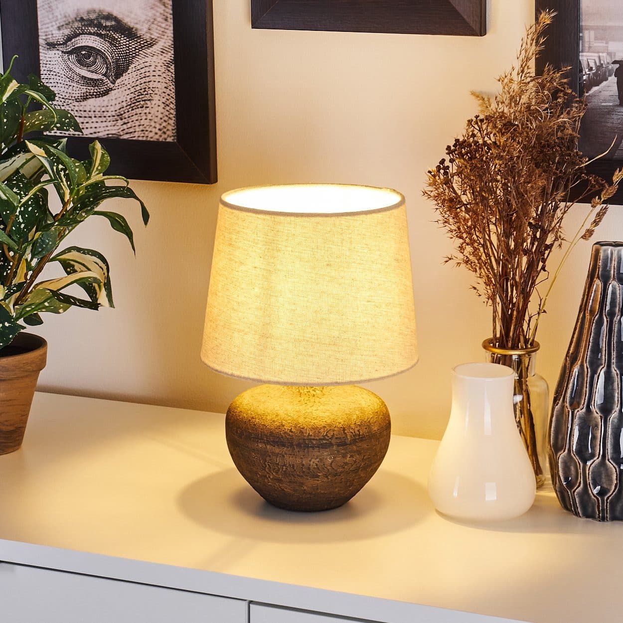 hofstein Tischleuchte Braun Keramik Stoff LED E14 Modern - Bild 2