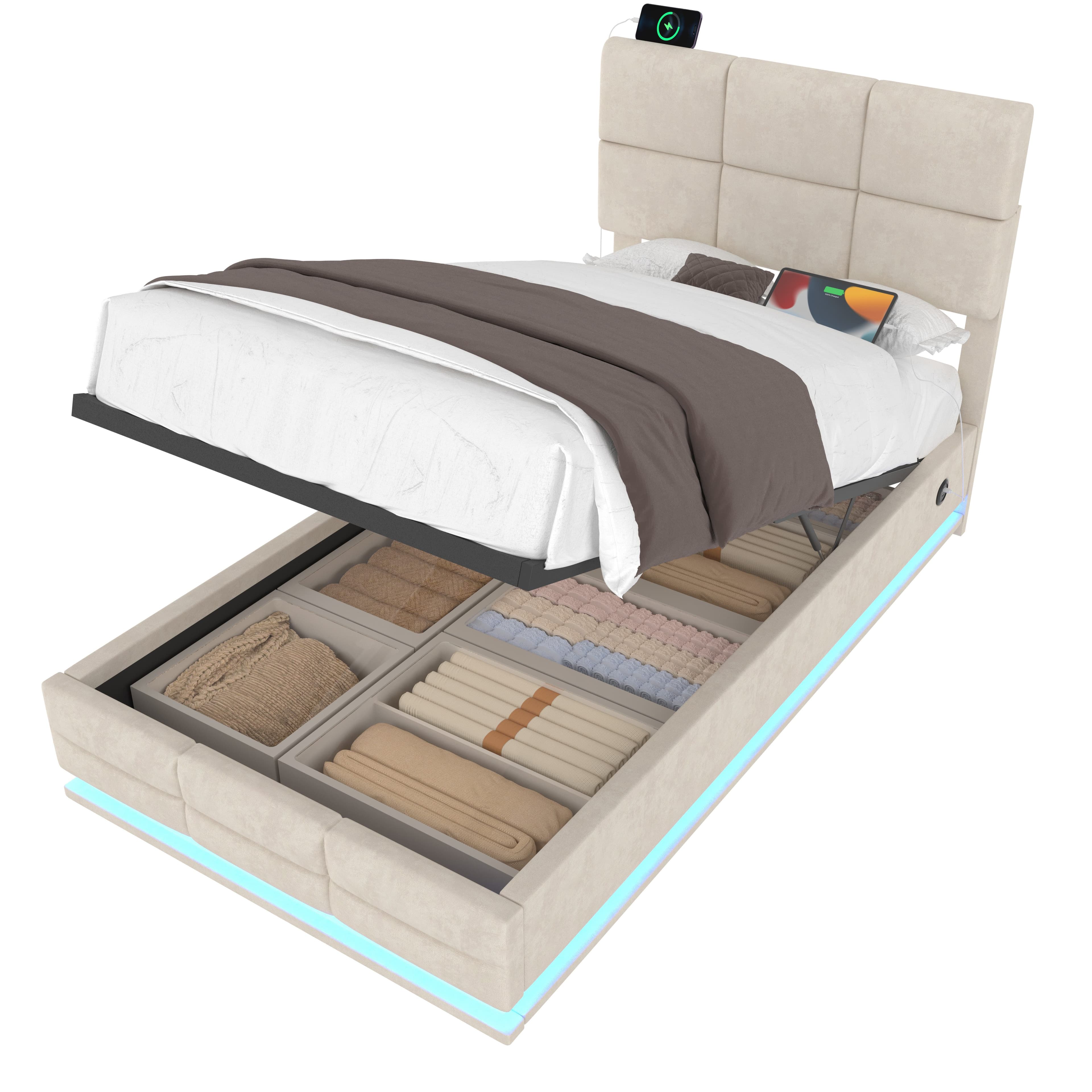 OKWISH Polsterbett Stauraumbett Beige mit LED & USB - Bild 2