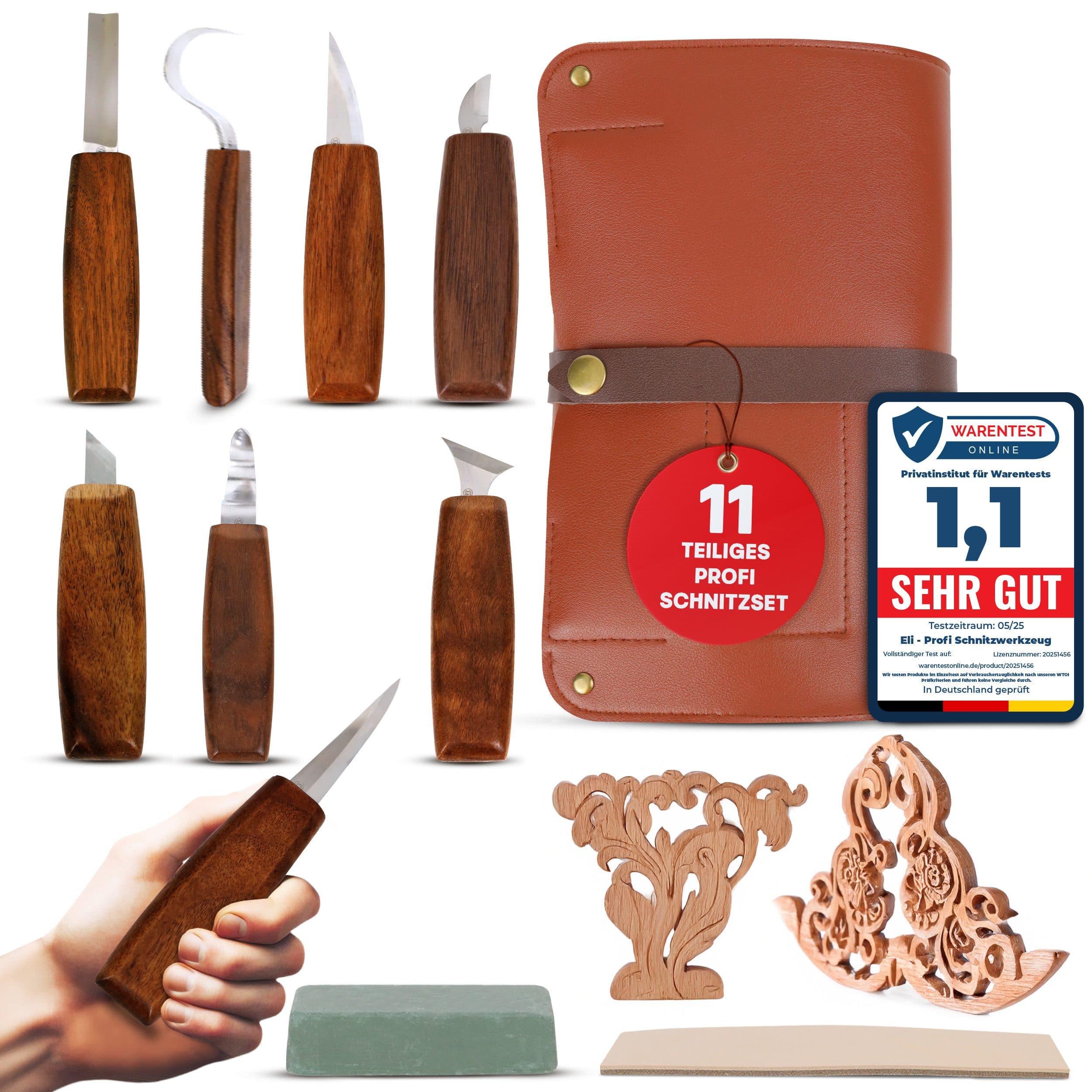 Eli Schnitzwerkzeug Set 11-tlg. Rostfreier Stahl Walnussholzgriffe - Bild 2