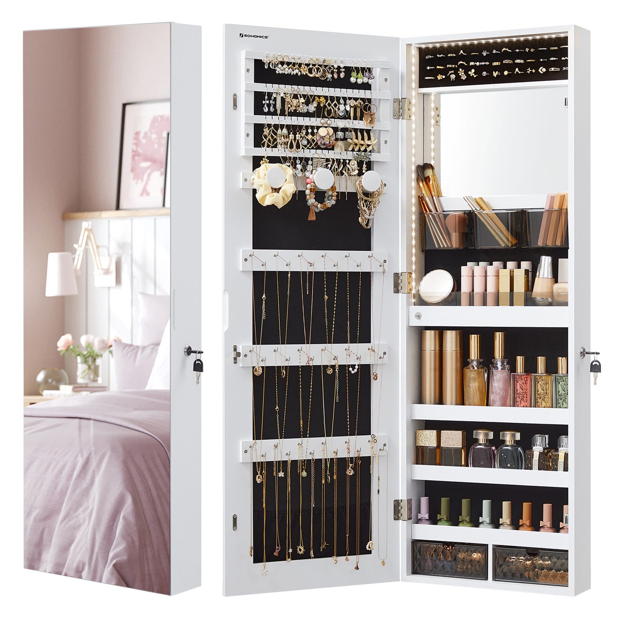 SONGMICS Schmuckschrank Spiegelschrank LED-Beleuchtung Make-up-Spiegel Weiß - Bild 2