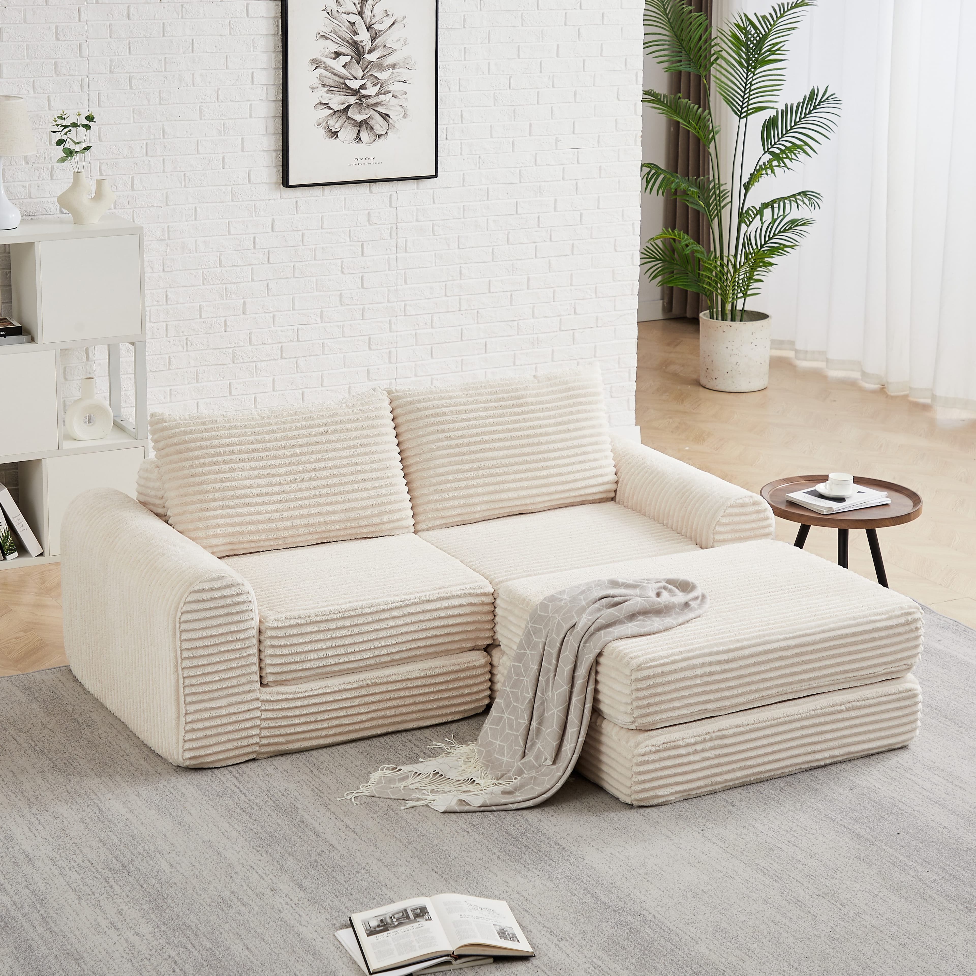 OKWISH Modulares Schlafsofa Beige Cord mit Chaiselongue - Bild 2
