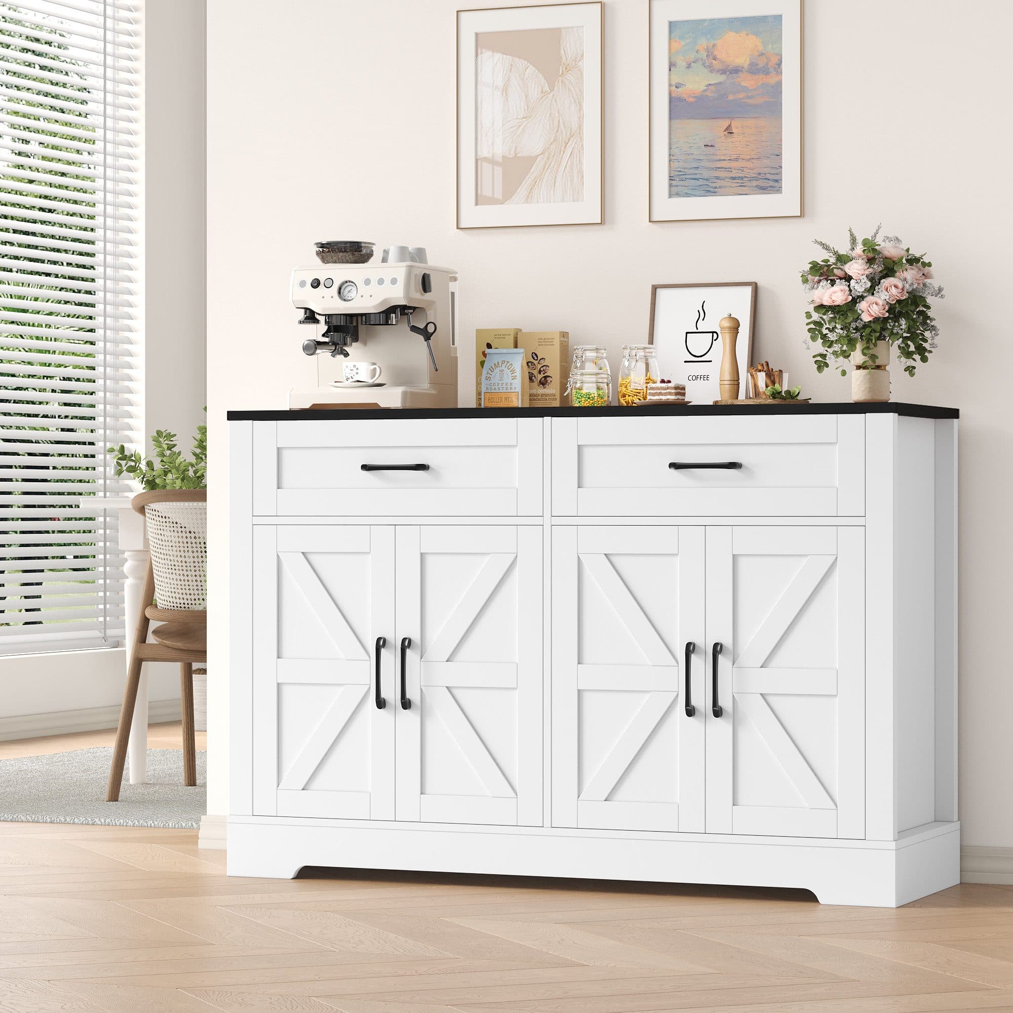 HOMECHO Buffet 120cm Küchenschrank mit 2 Schubladen 4 Türen Weiß/Braun - Bild 2