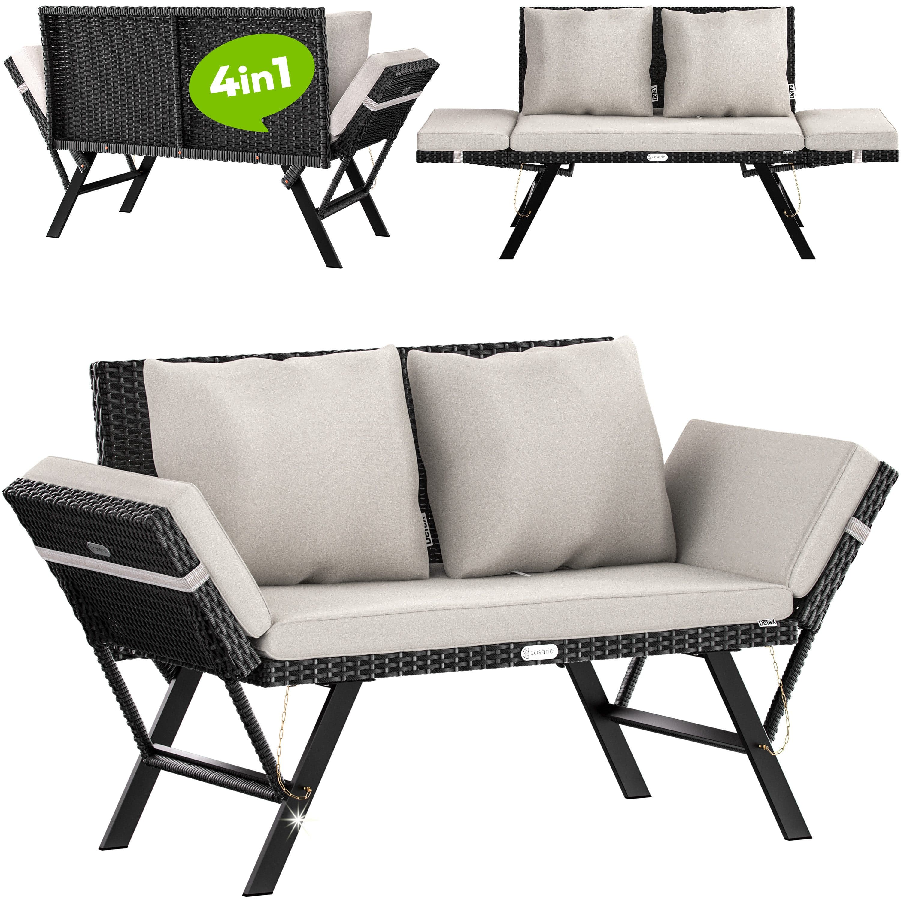 Casaria Gartenbank Polyrattan mit Liegefunktion und Kissen Schwarz/Grau - Bild 2