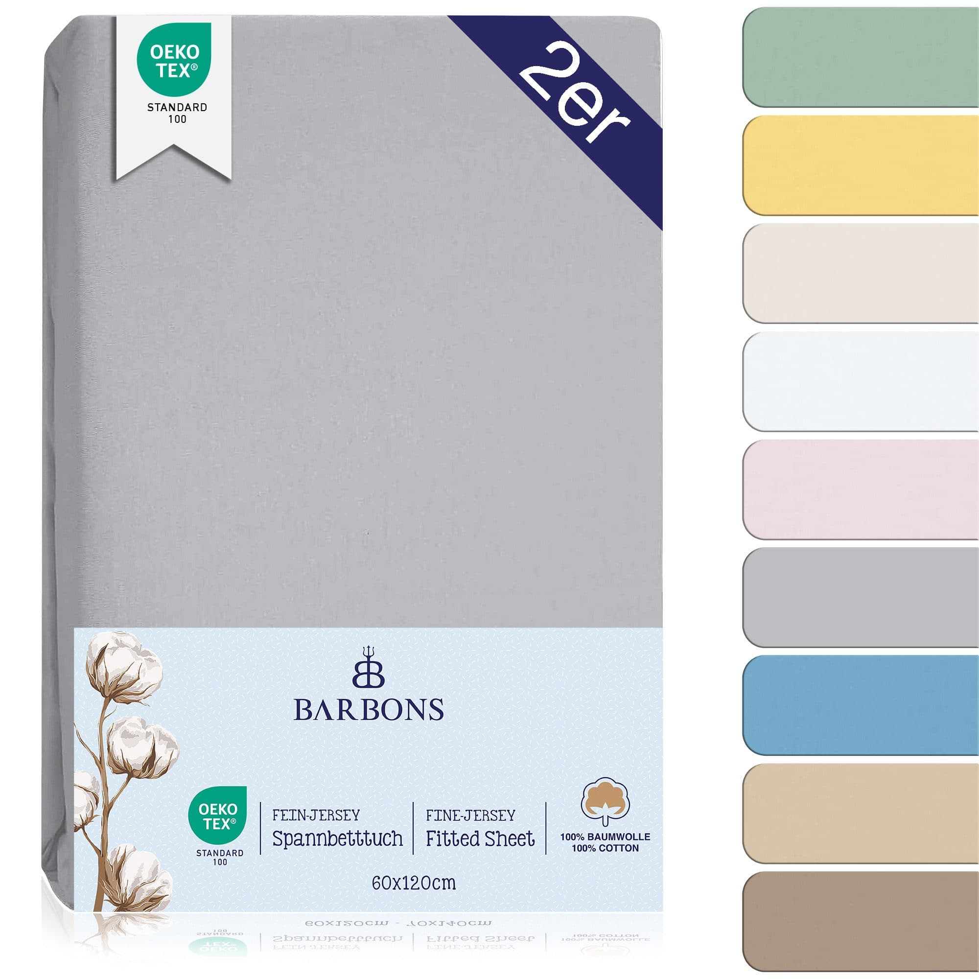 BARBONS Spannbettlaken 60x120 Baby Jersey 100% Baumwolle Grau - Bild 2