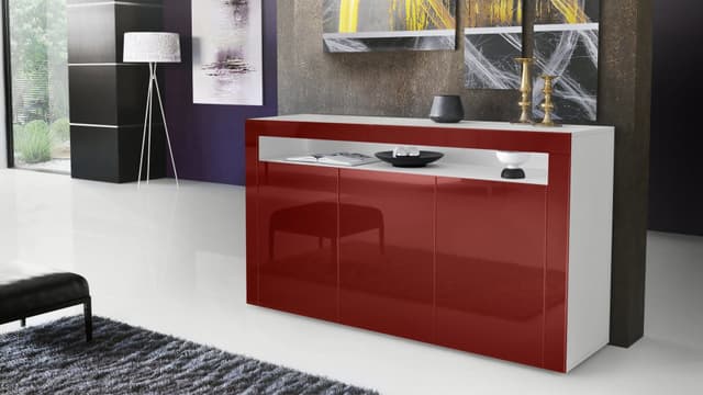 Sideboard mit 3 Türen und offenem Fach - Weiß matt/Bordeaux Hochglanz