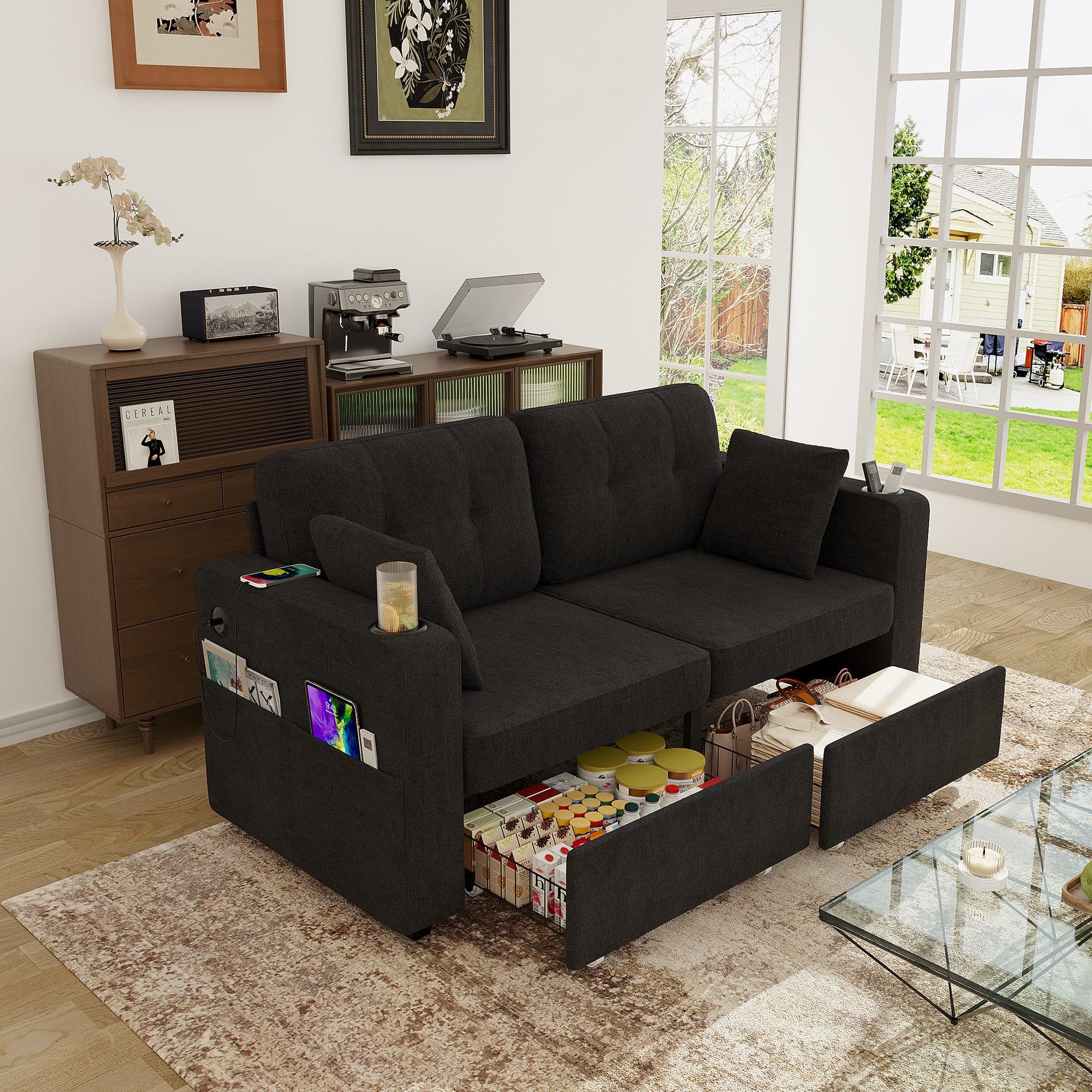 STILVORA Schlafsofa 2-Sitzer Schwarz mit USB-Anschlüssen & Stauraum - Bild 2