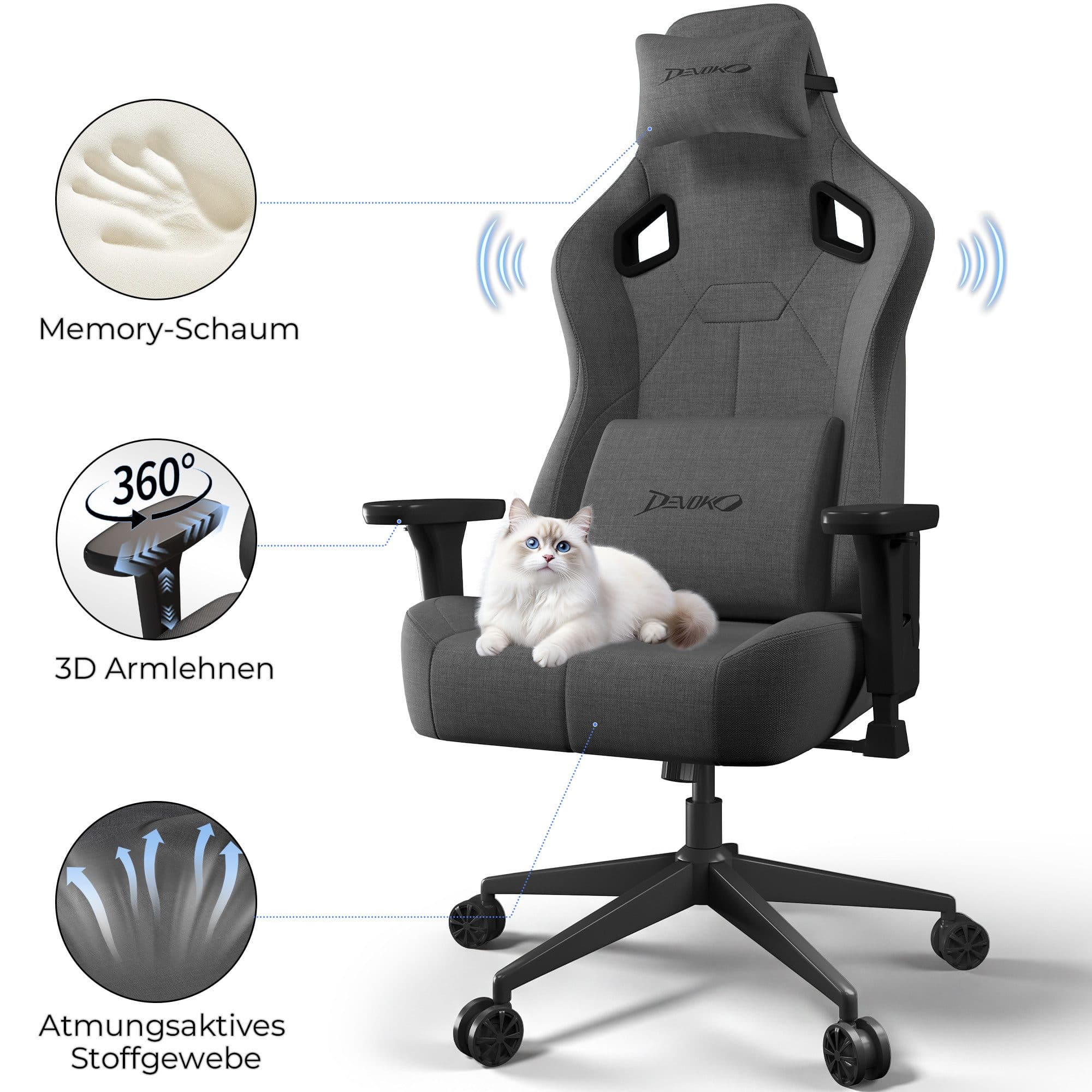 Devoko Gaming-Stuhl Luxuriöser Wildlederimitat Ergonomisch & Großzügigem Sitz Bürostuhl Atmungsaktiver Stoff Memory-Schaum Leiseroller Gaslift Stufe 4 - Bild 2