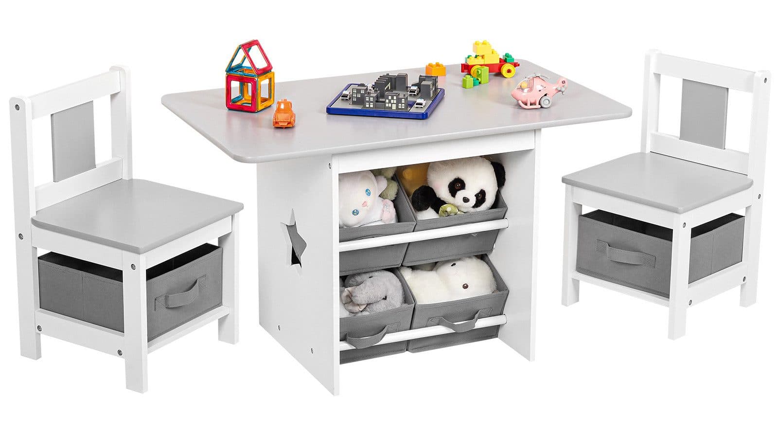 Yorbay Kindersitzgruppe Kindertisch mit 2 Stühlen, mit 6 Aufbewahrungskörben, Grau/Weiß - Bild 2