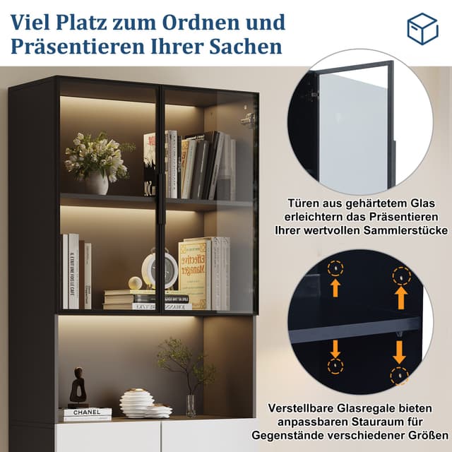 REDOM Vitrine Wohnzimmer Schrank Weiß-Schwarz LED-Beleuchtung