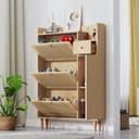KLAM HOME Schuhschrank Rattan 3 Türen 1 Schublade Massivholzbeine Bild 2