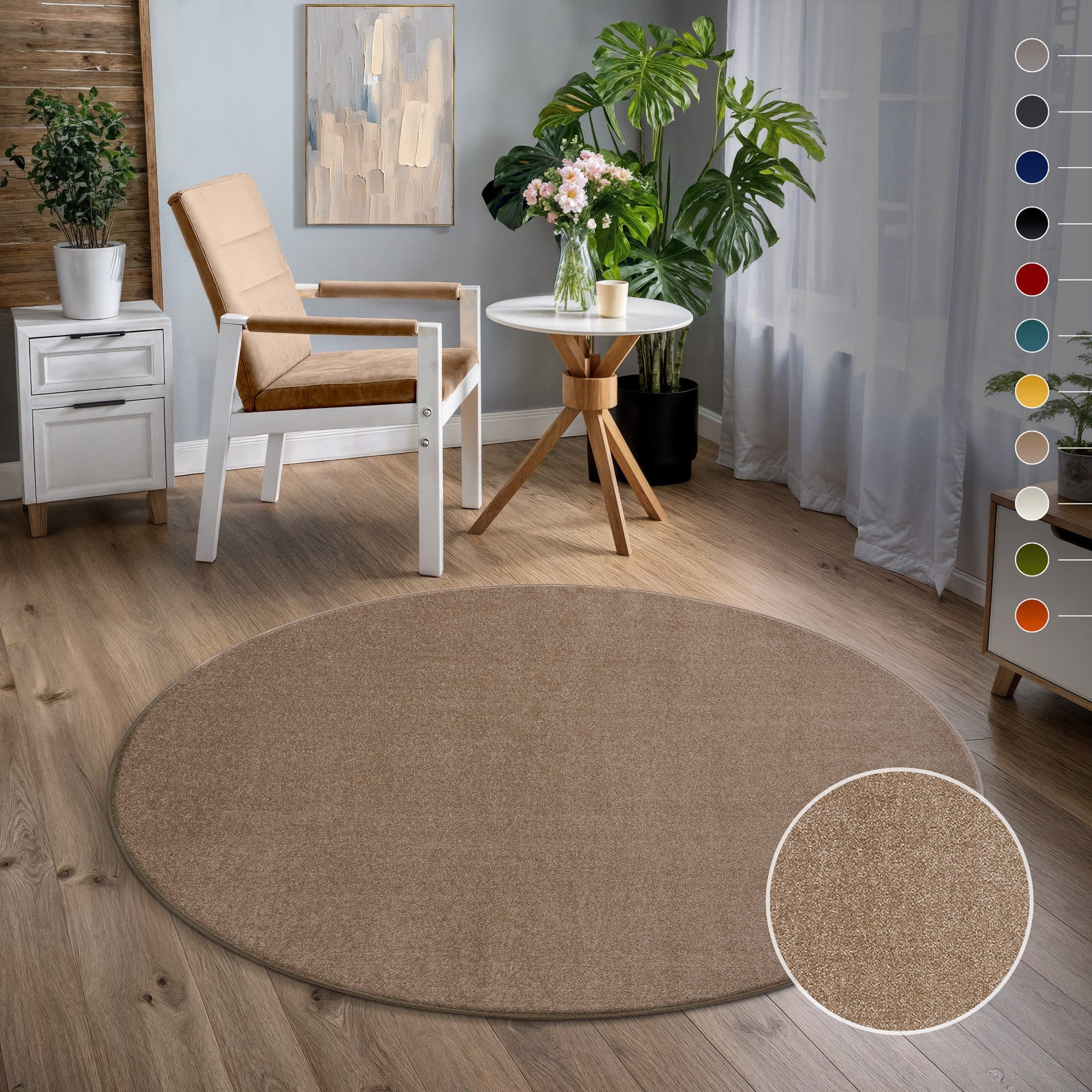 Sanat Teppich Uni Rund Beige Kurzflor Fußbodenheizung - Bild 2