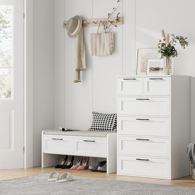HOMECHO Weiß Schlafzimmer Kommode mit 6 Schubladen - Eleganter Sideboard