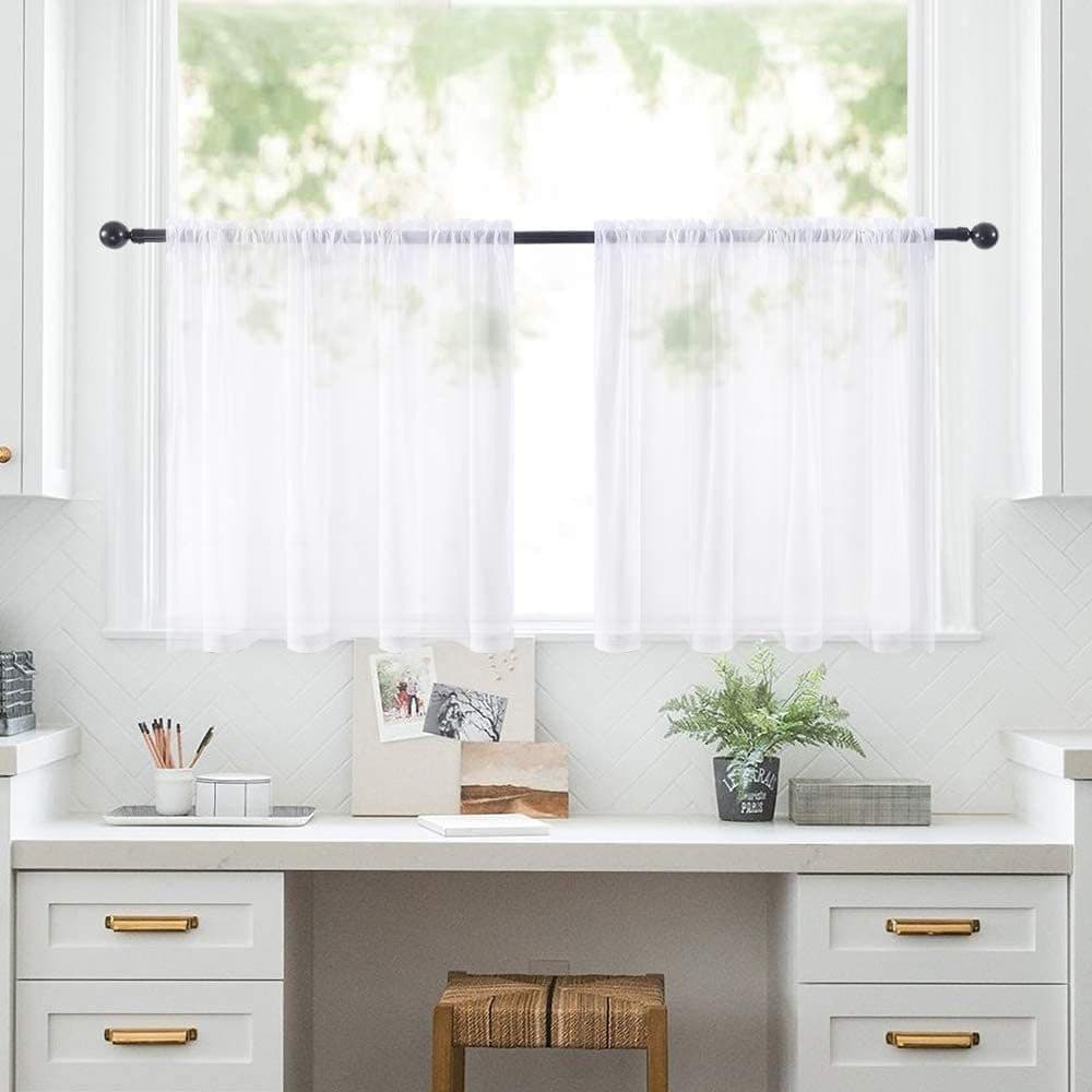 Jibenhome Voile Kurzgardine 2 St Transparent Weiß Grau Schwarz Kräuselband - Bild 2