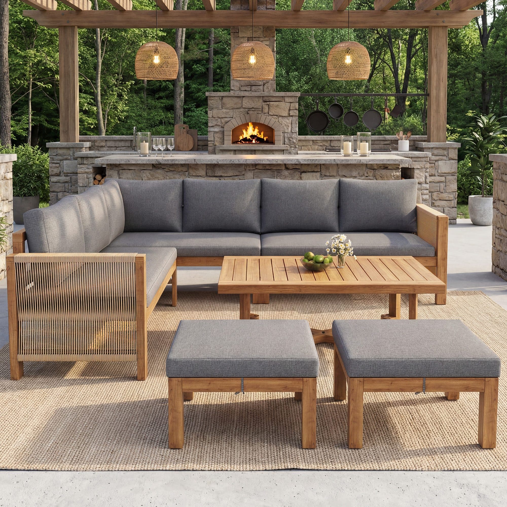 i@home Gartenlounge-Set 6-Sitzer Ecksofa mit Hockern & Tisch Akazienholz Grau - Bild 2