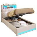 MSMASK Polsterbett Hydraulisches Stauraumbett mit LED-Beleuchtung, 90X200 cm, Jugendbett mit USB- und Type-C-Anschlüsse, Leinenstoff Bild 2