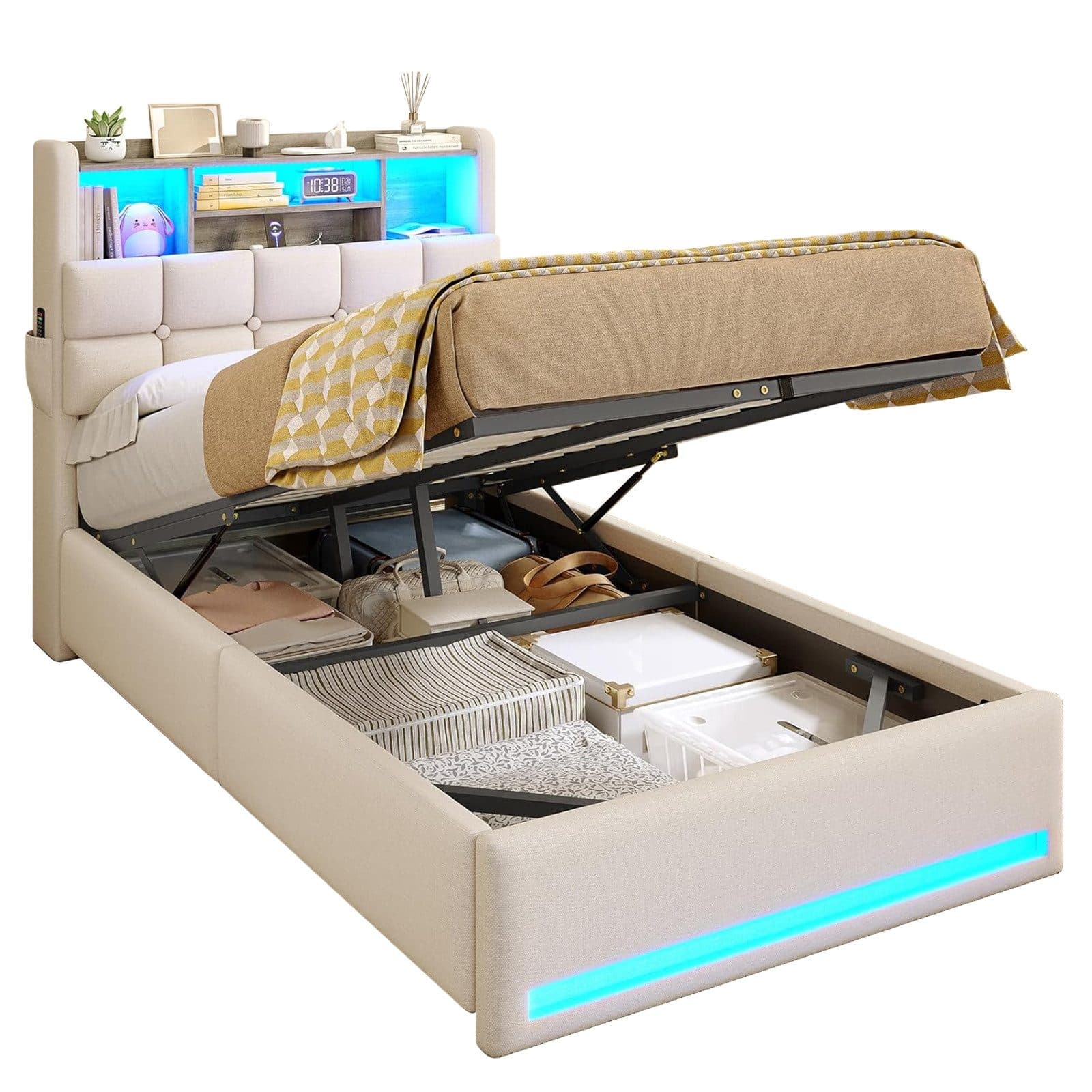 MSMASK Polsterbett Hydraulisches Stauraumbett mit LED-Beleuchtung, 90X200 cm, Jugendbett mit USB- und Type-C-Anschlüsse, Leinenstoff - Bild 2
