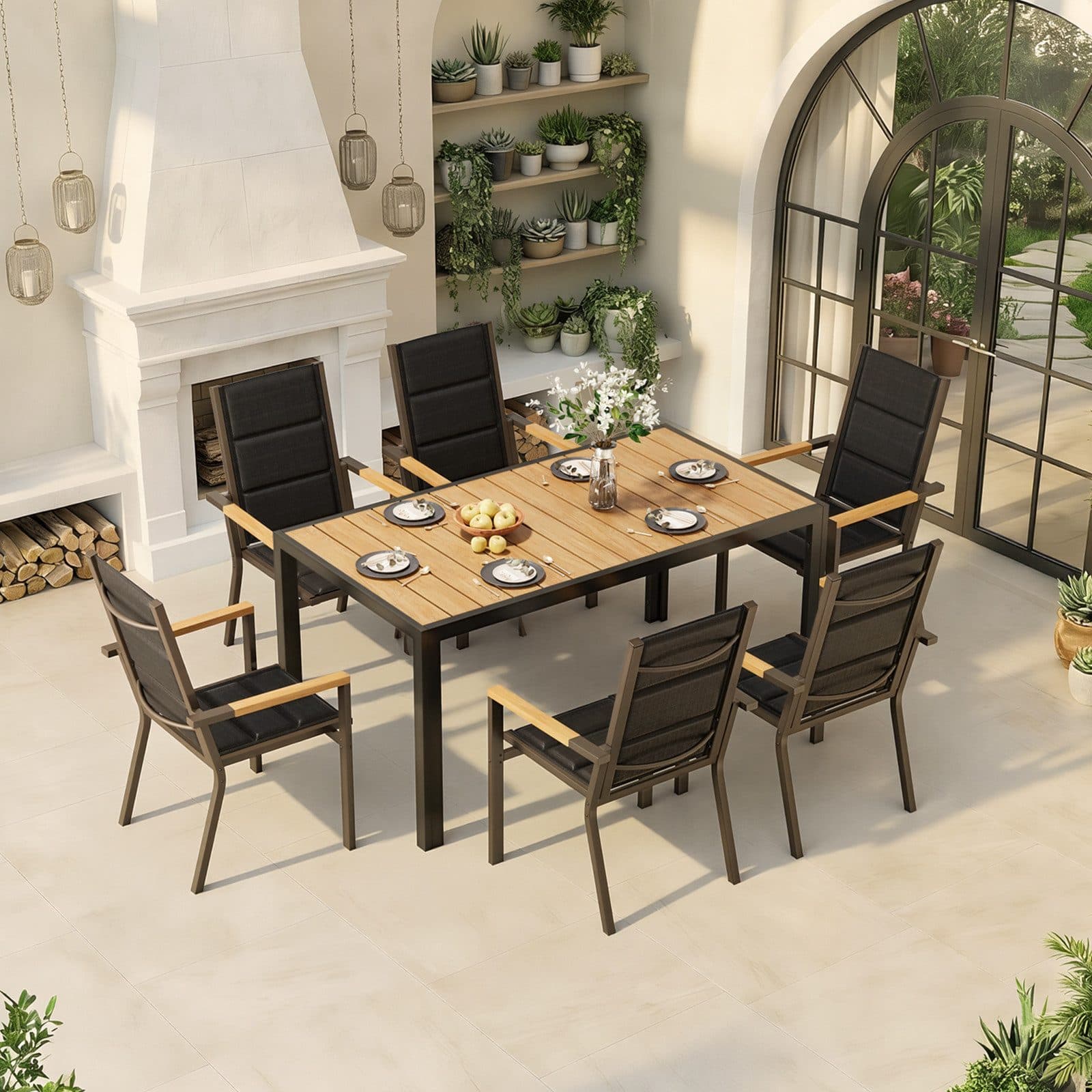 HOMALL Garten-Essgruppe 7-tlg. Aluminium Holzoptik Grau Beige - Bild 2