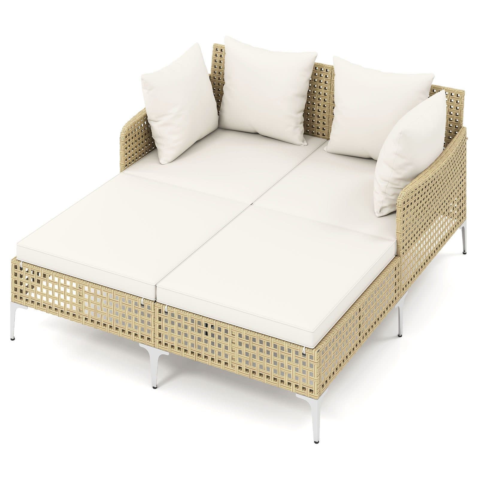 COSTWAY Loungebett Outdoor Sonnenliege 2 Personen Rattan Beige - Bild 2