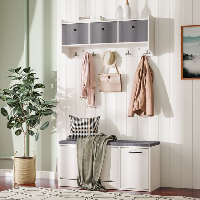 Garderobe mit Schuhbank & Schublade - 5 Haken und Sitzfläche (weiß)