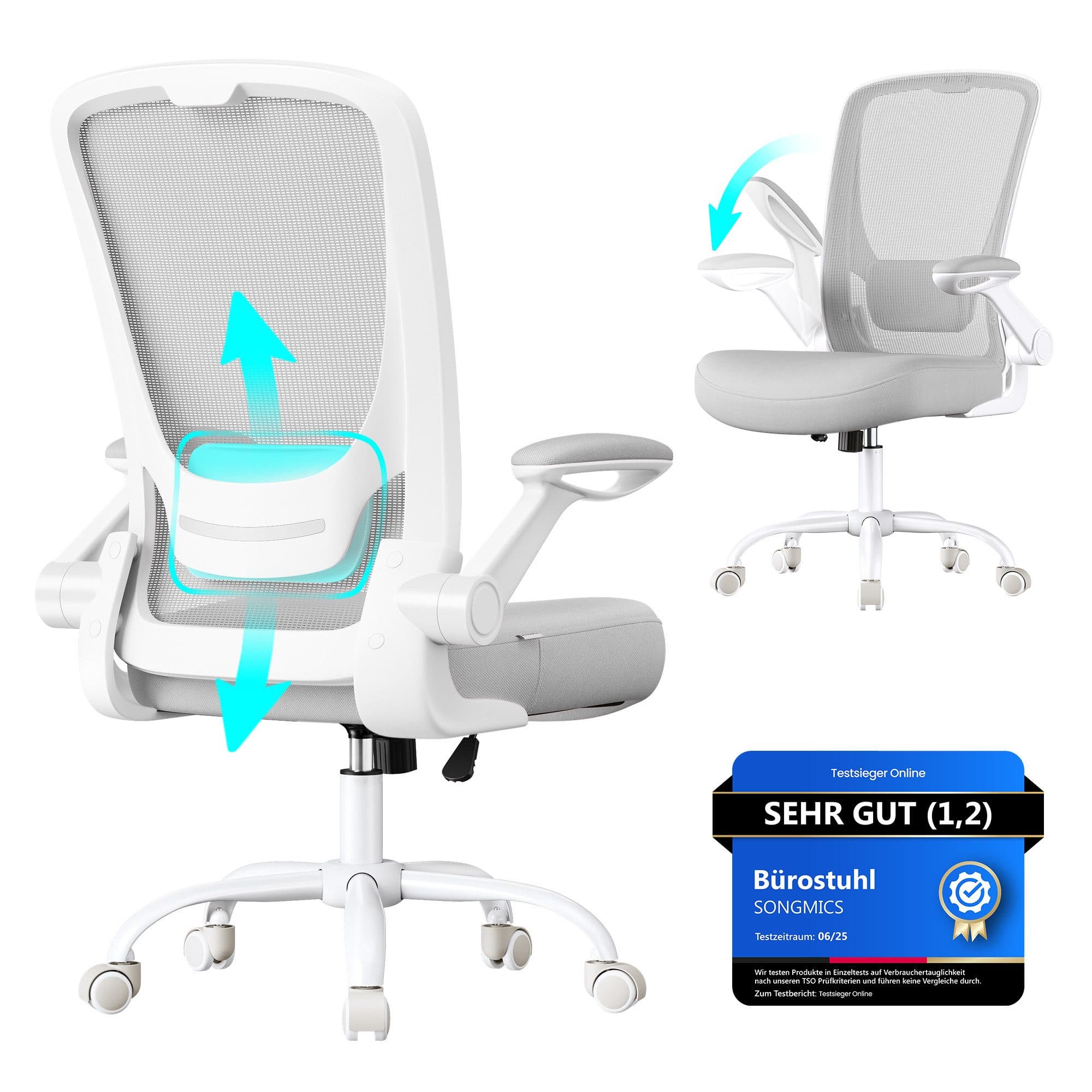 SONGMICS Bürostuhl Ergonomisch Drehstuhl Mesh Wippfunktion Klappbare Armlehnen
