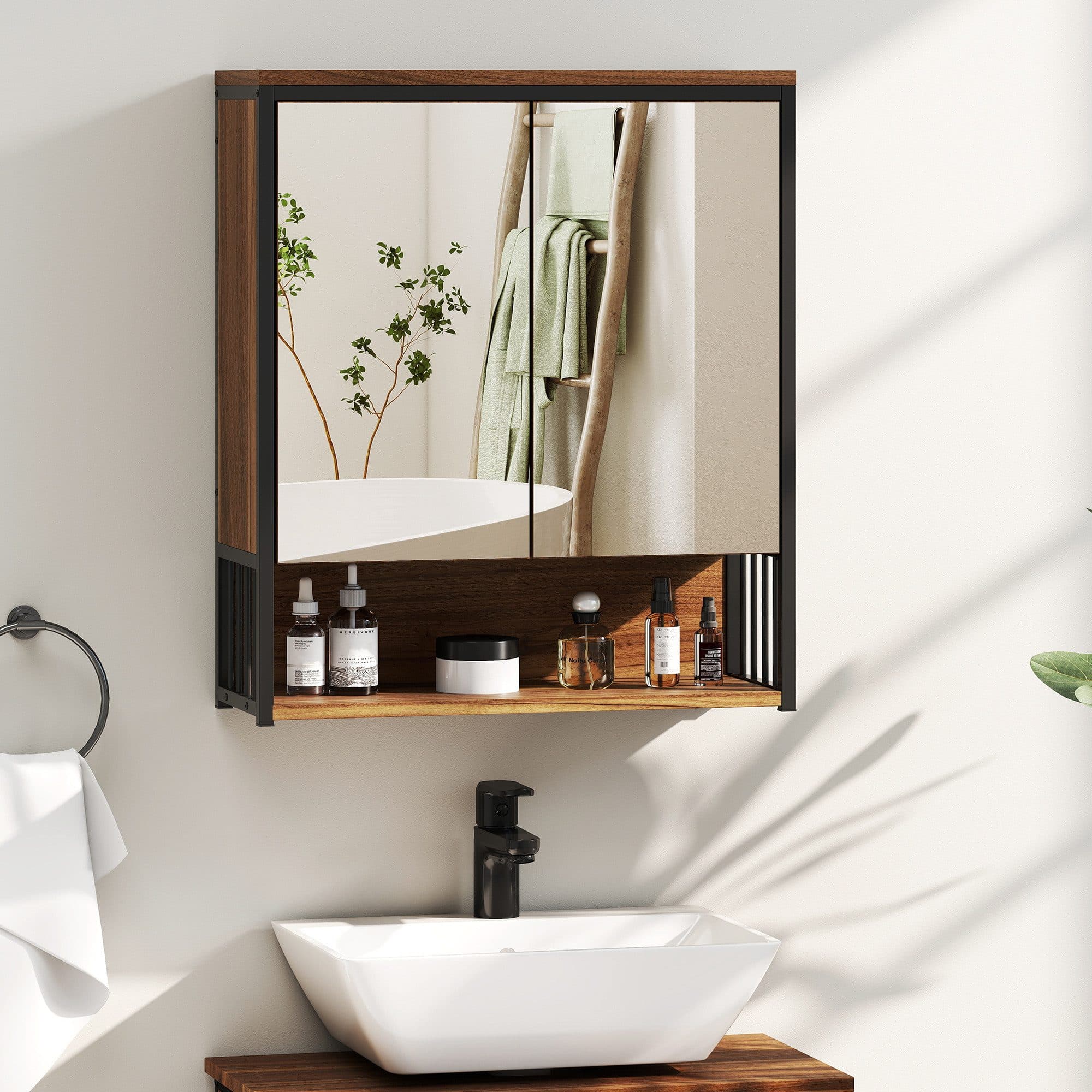 HOMCOM Spiegelschrank Braun mit Soft-Close Tür und Regalen - Bild 2